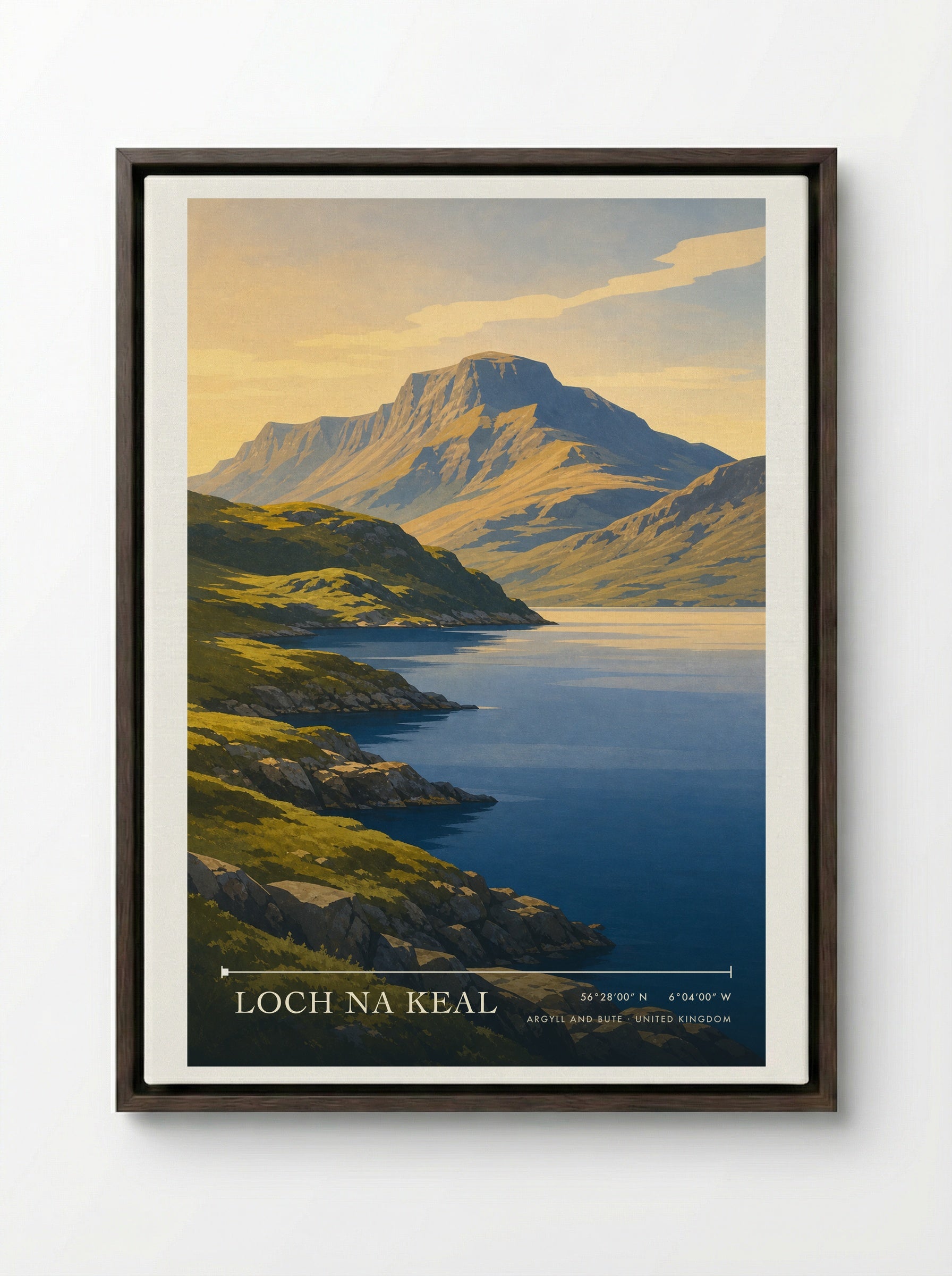 Loch na Keal Argyll and Bute United Kingdom Travel Poster - Framed Canvas Dark Wood