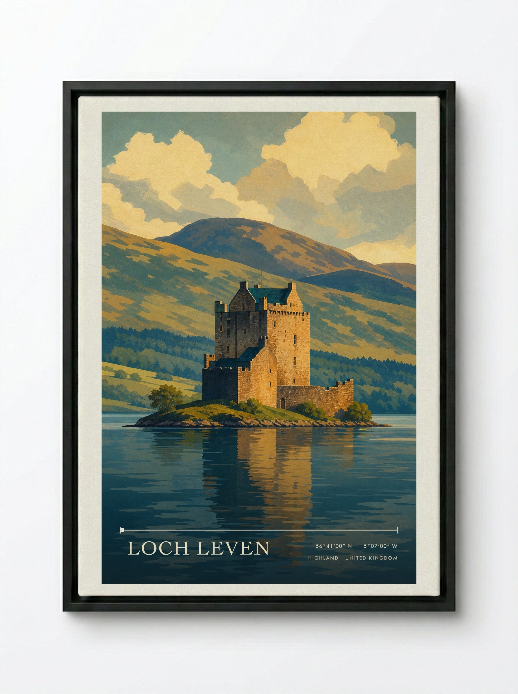 Loch Leven Highland United Kingdom Travel Poster - Framed Canvas Black