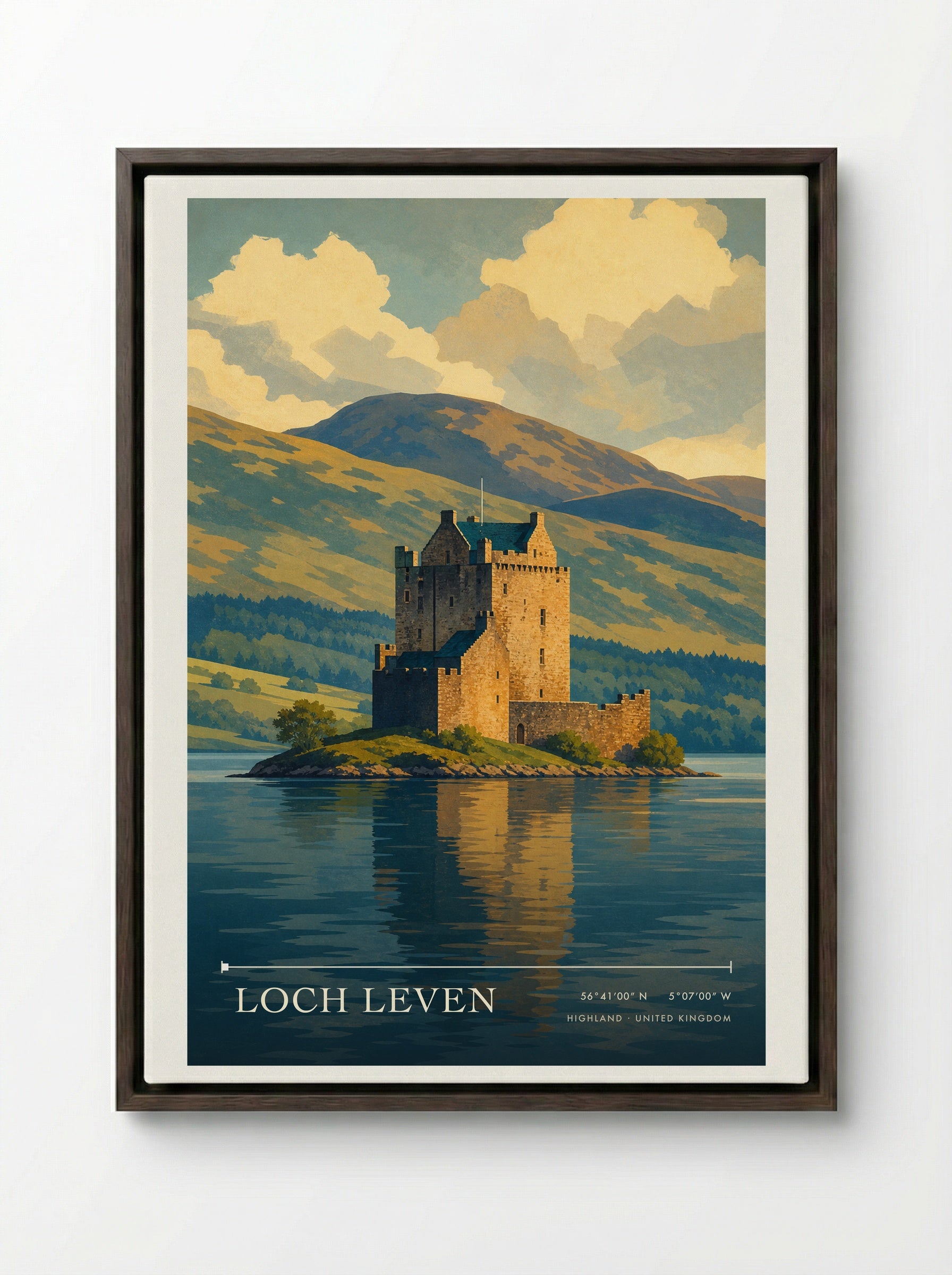 Loch Leven Highland United Kingdom Travel Poster - Framed Canvas Dark Wood