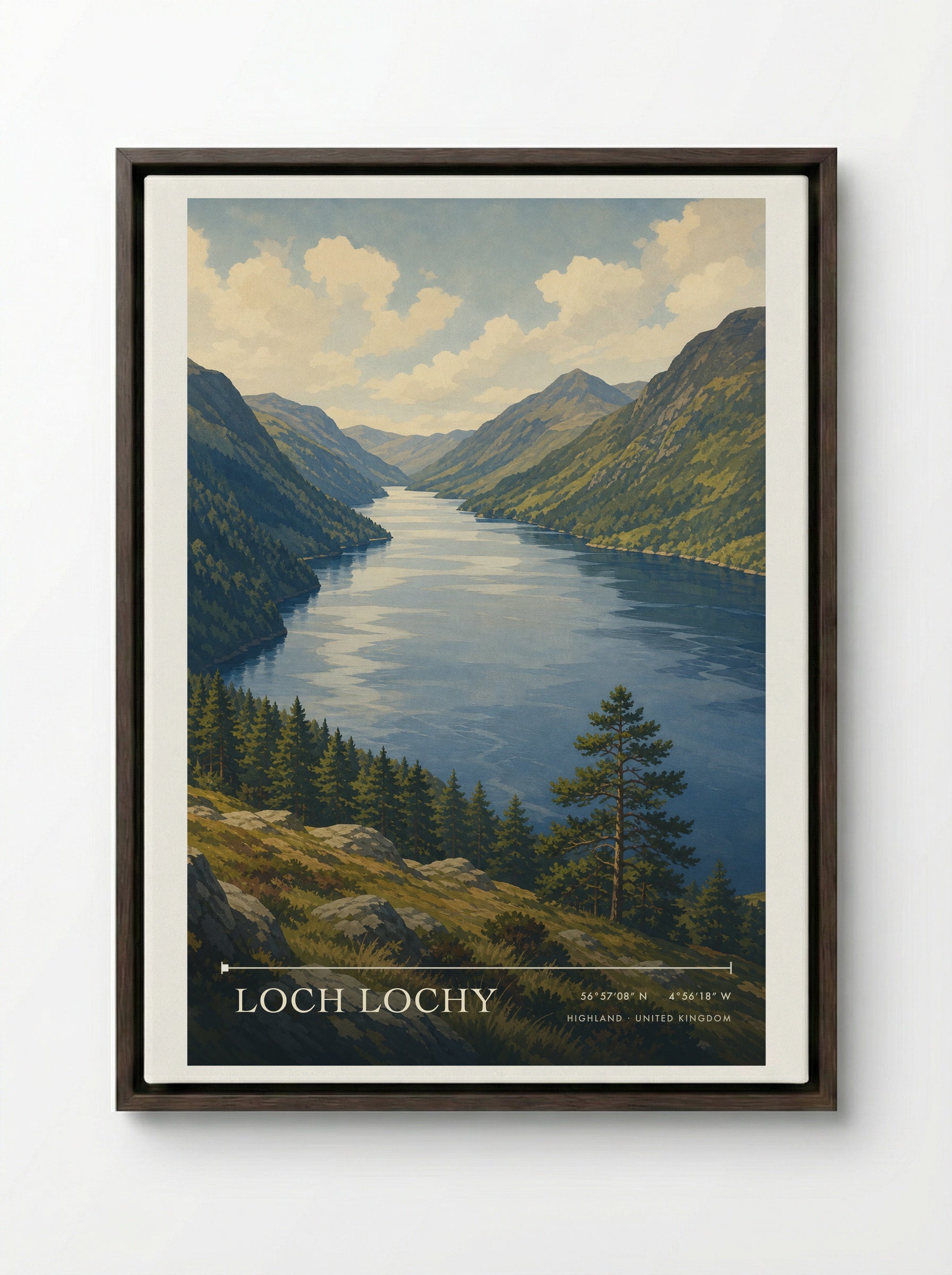Loch Lochy Highland United Kingdom Travel Poster - Framed Canvas Dark Wood