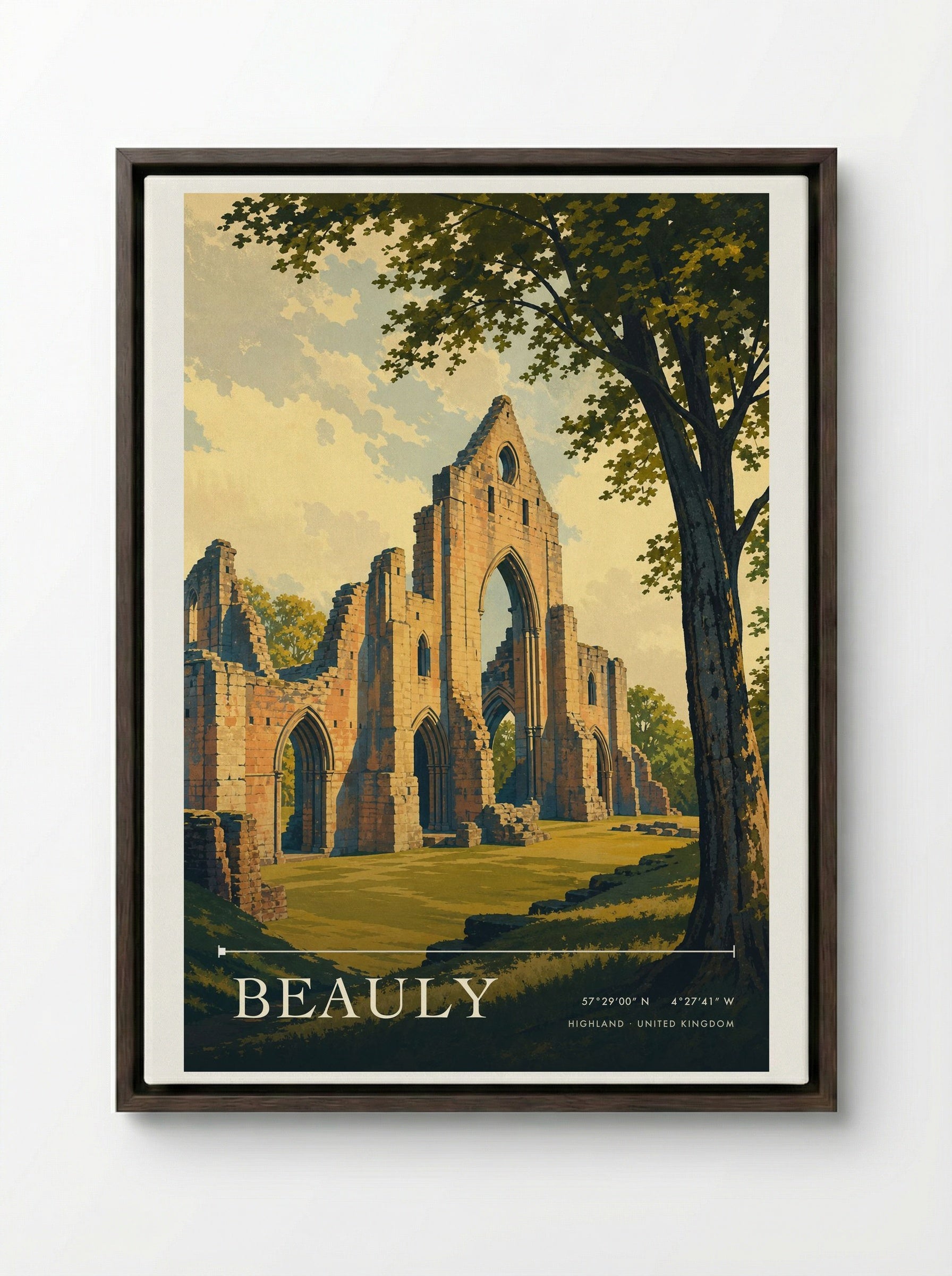 Beauly Highland United Kingdom Travel Poster - Framed Canvas Dark Wood