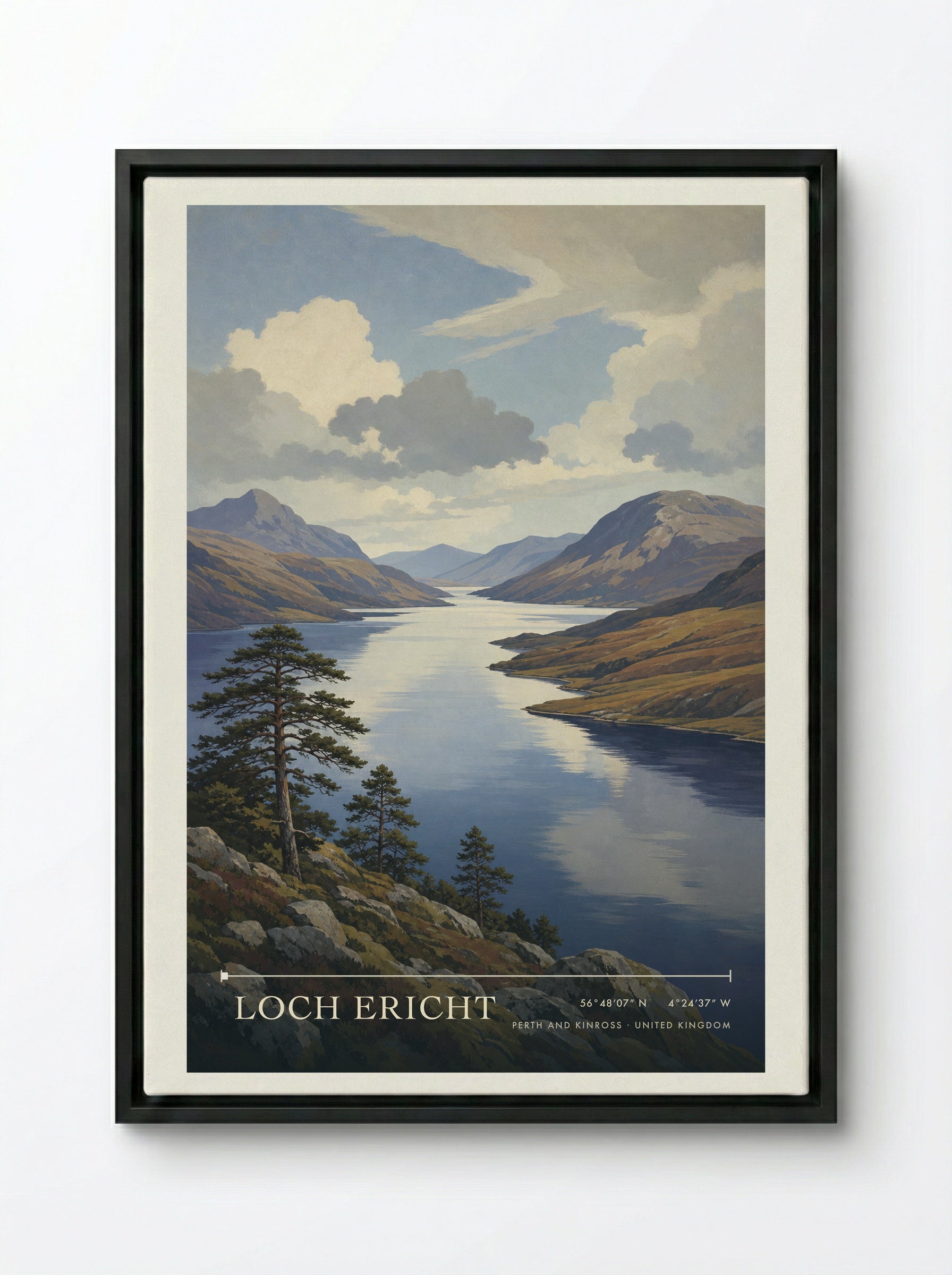 Loch Ericht Perth and Kinross United Kingdom Travel Poster - Framed Canvas Black