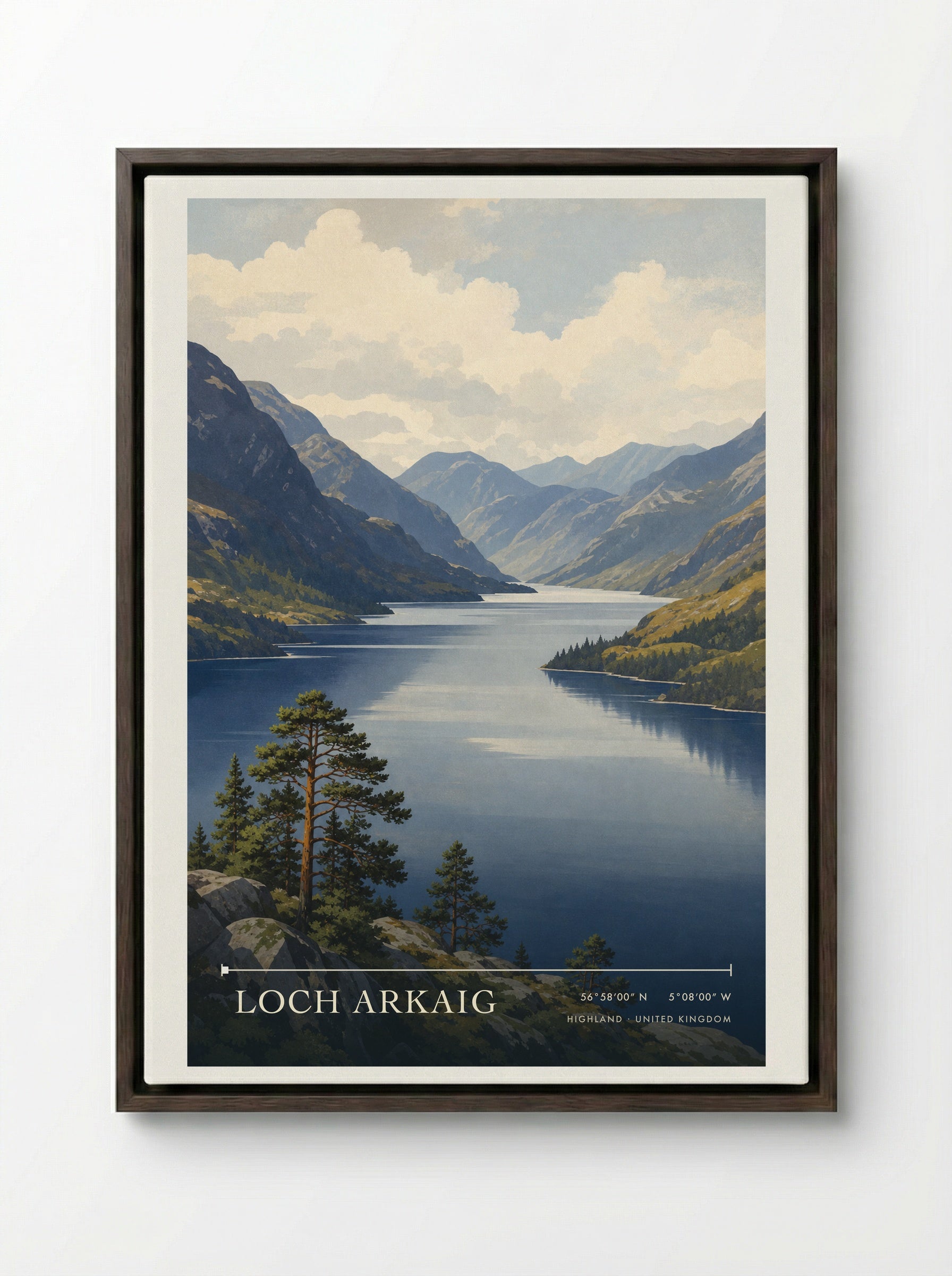 Loch Arkaig Highland United Kingdom Travel Poster - Framed Canvas Dark Wood
