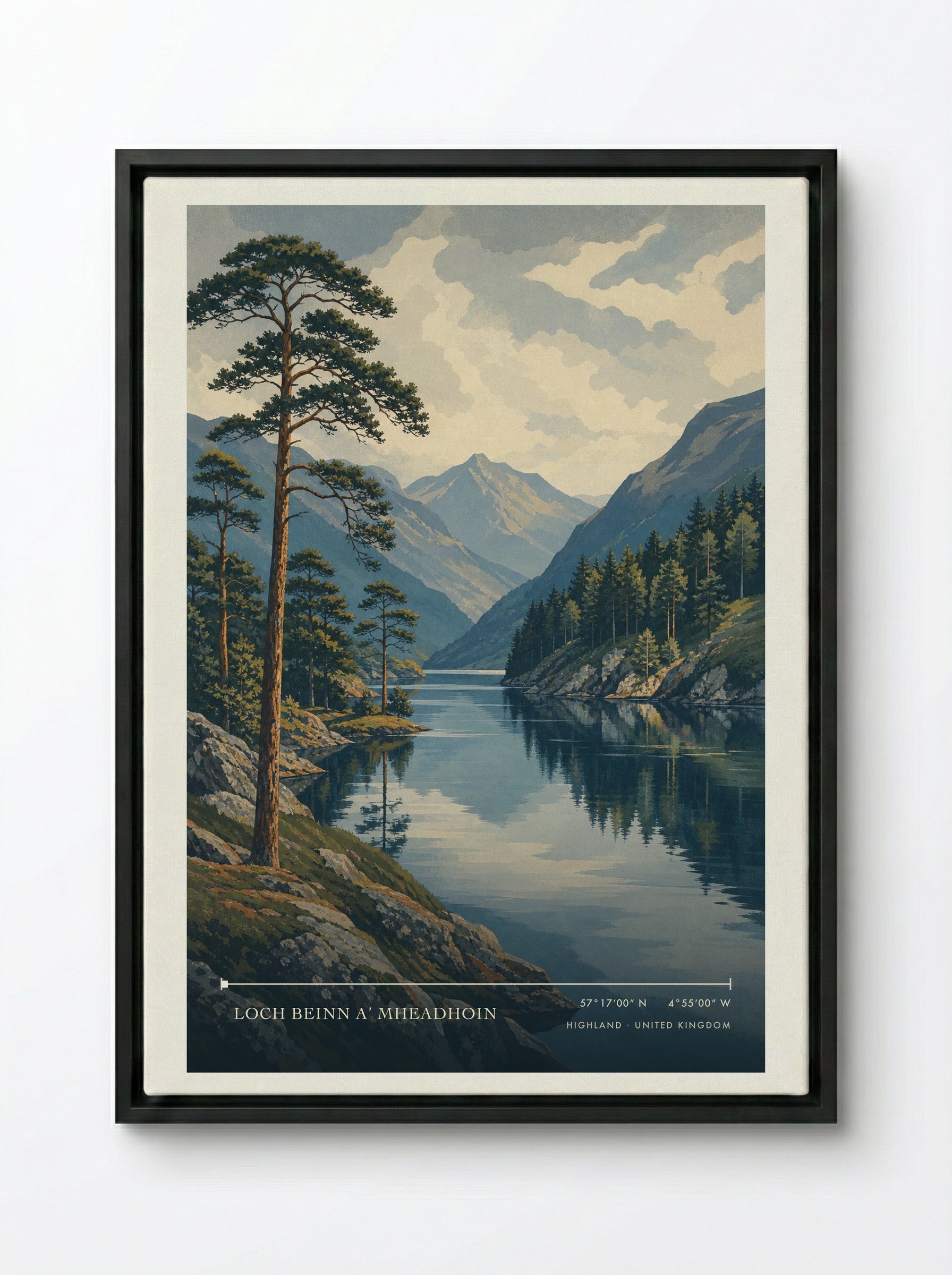 Loch Beinn a’ Mheadhoin Highland United Kingdom Travel Poster - Framed Canvas Black