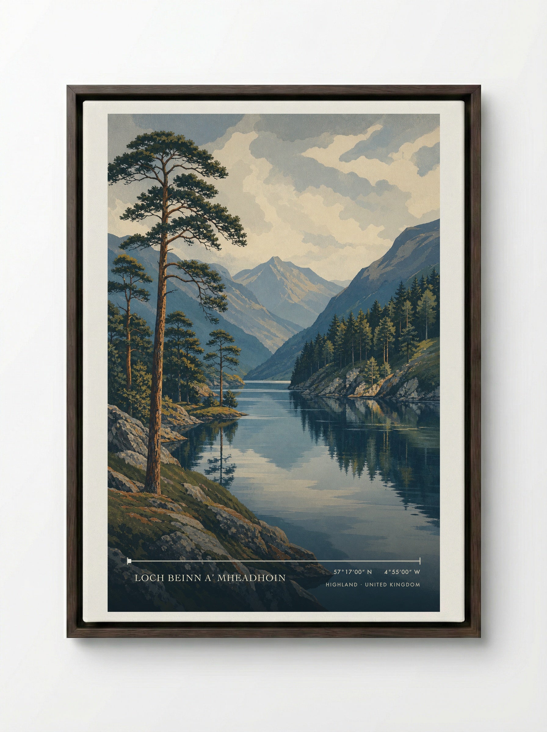 Loch Beinn a’ Mheadhoin Highland United Kingdom Travel Poster - Framed Canvas Dark Wood