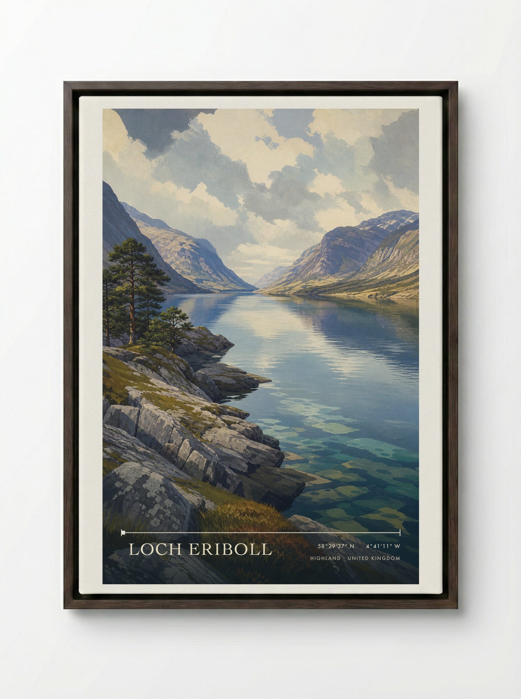 Loch Eriboll Highland United Kingdom Travel Poster - Framed Canvas Dark Wood