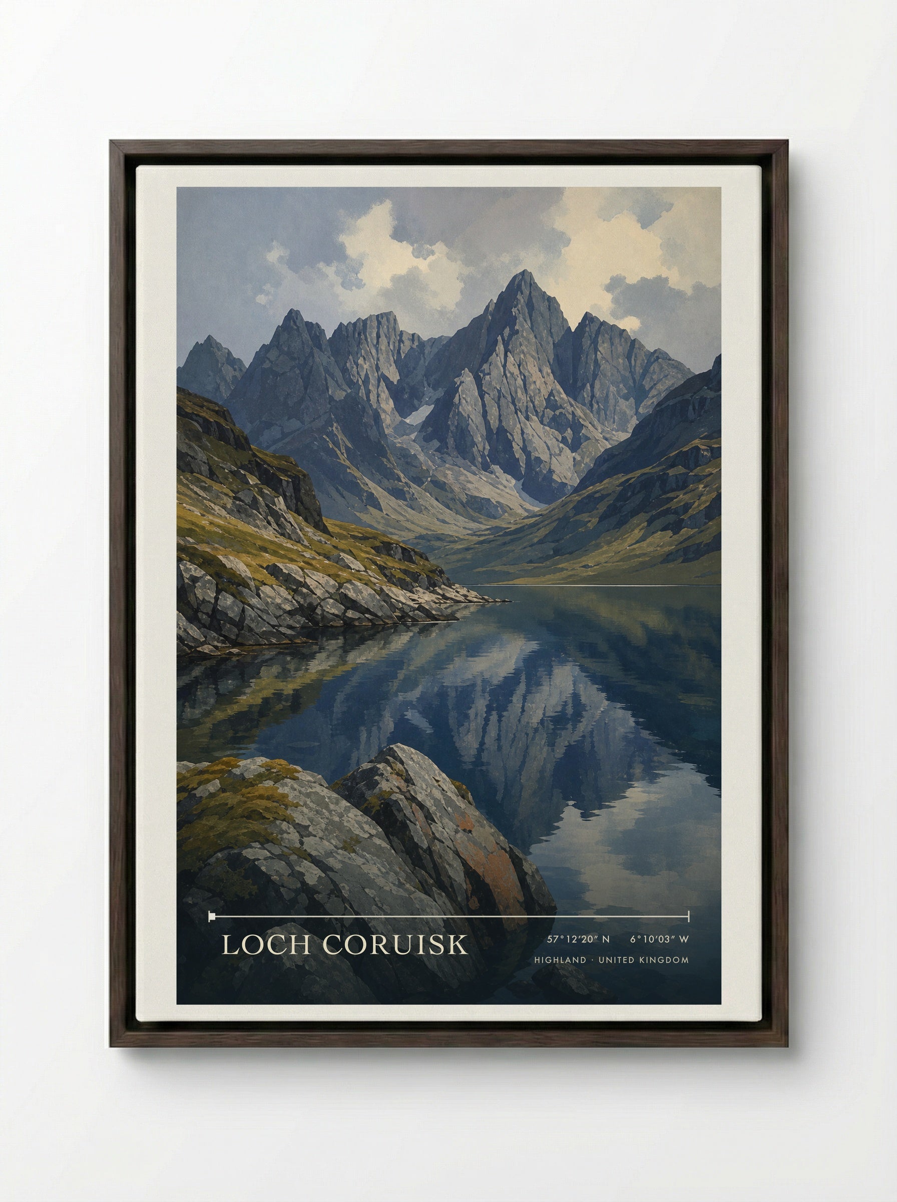 Loch Coruisk Highland United Kingdom Travel Poster - Framed Canvas Dark Wood