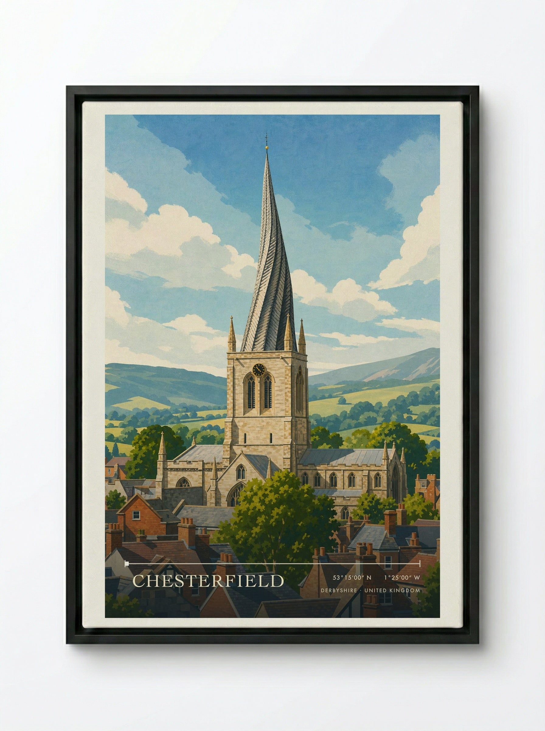 Chesterfield Derbyshire United Kingdom Travel Poster - Framed Canvas Black