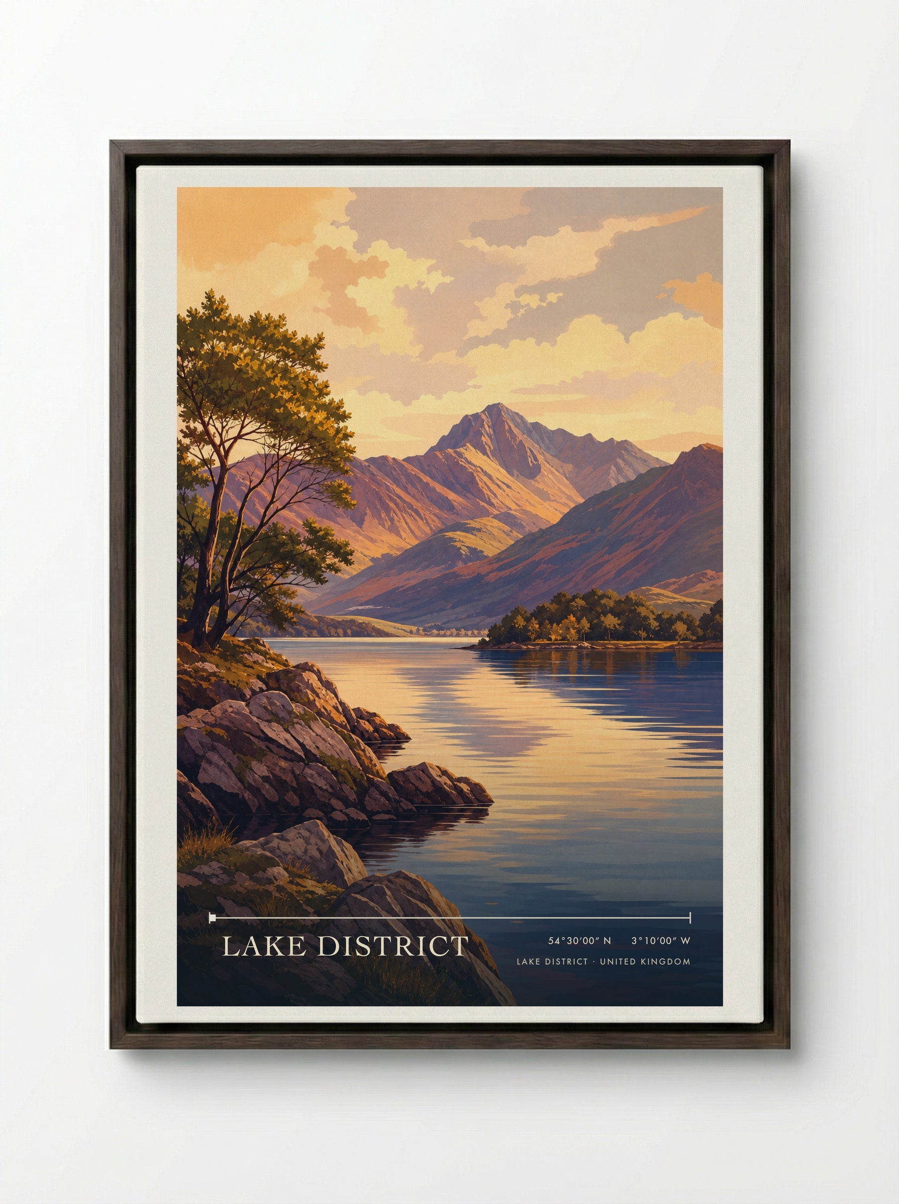 Lake District United Kingdom Travel Poster - Framed Canvas Dark Wood