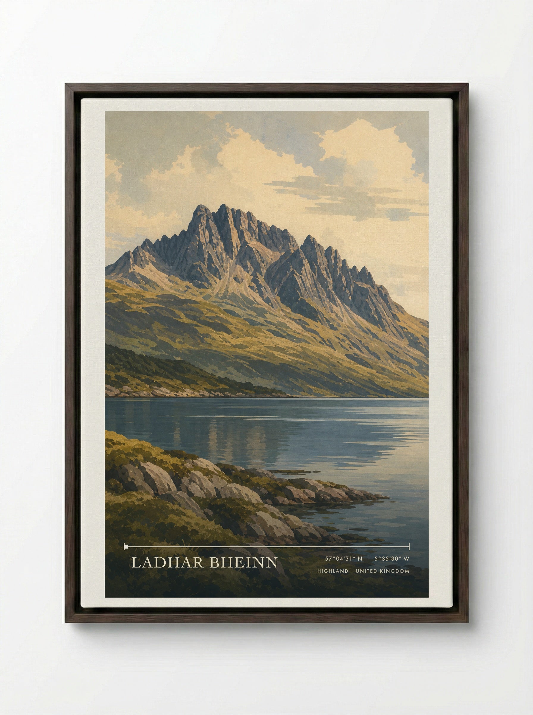 Ladhar Bheinn Highland United Kingdom Travel Poster - Framed Canvas Dark Wood