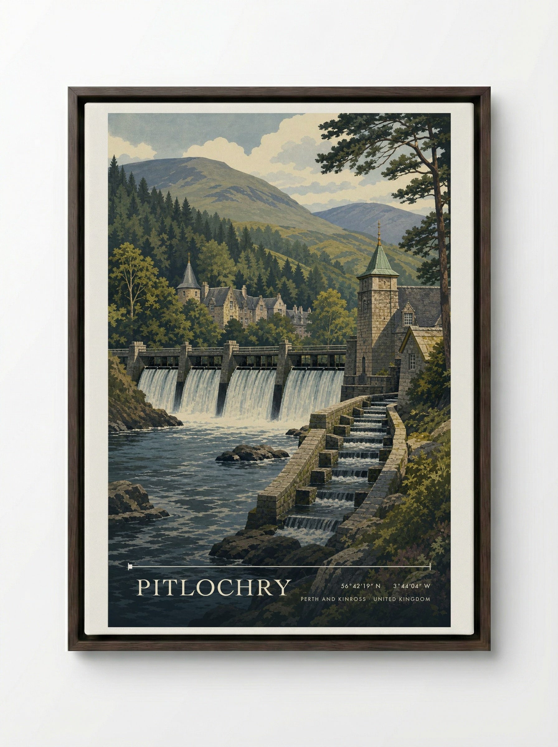 Pitlochry Perth and Kinross United Kingdom Travel Poster - Framed Canvas Dark Wood