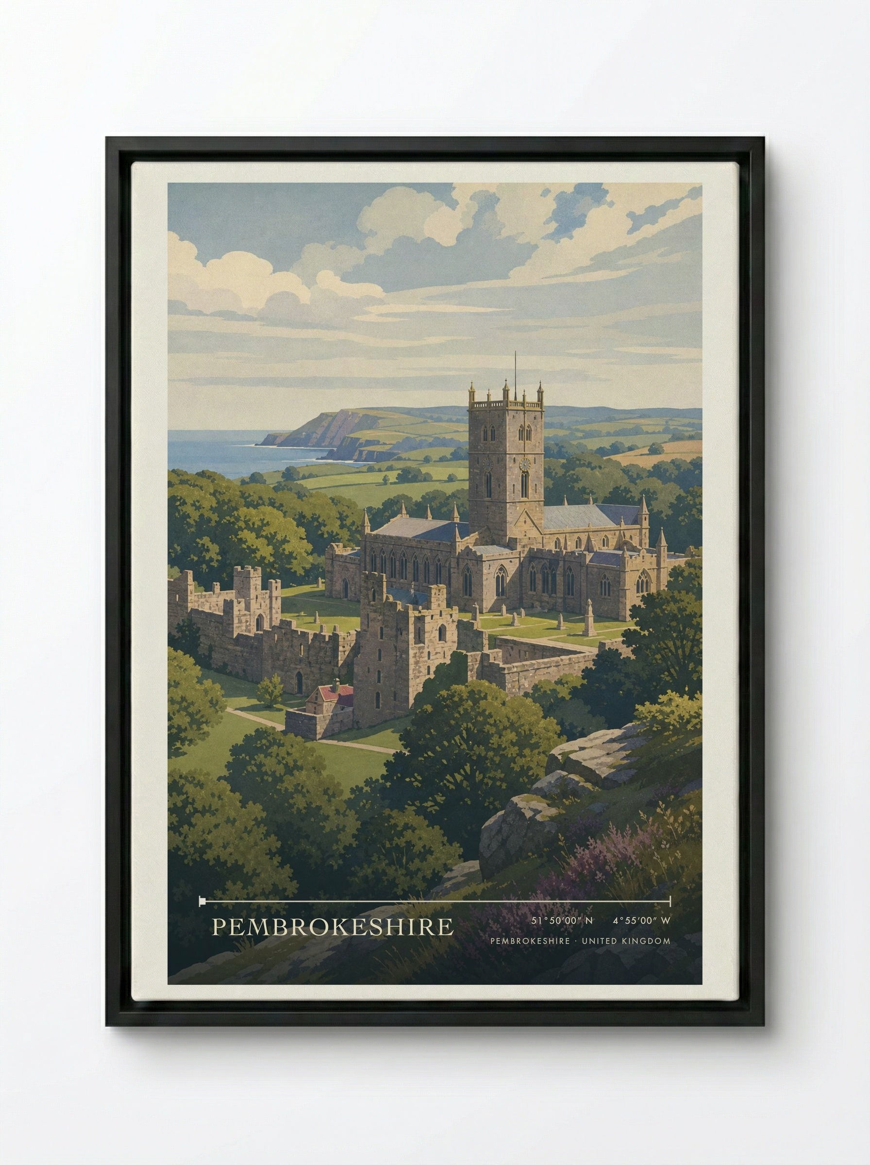 Pembrokeshire United Kingdom Travel Poster - Framed Canvas Black