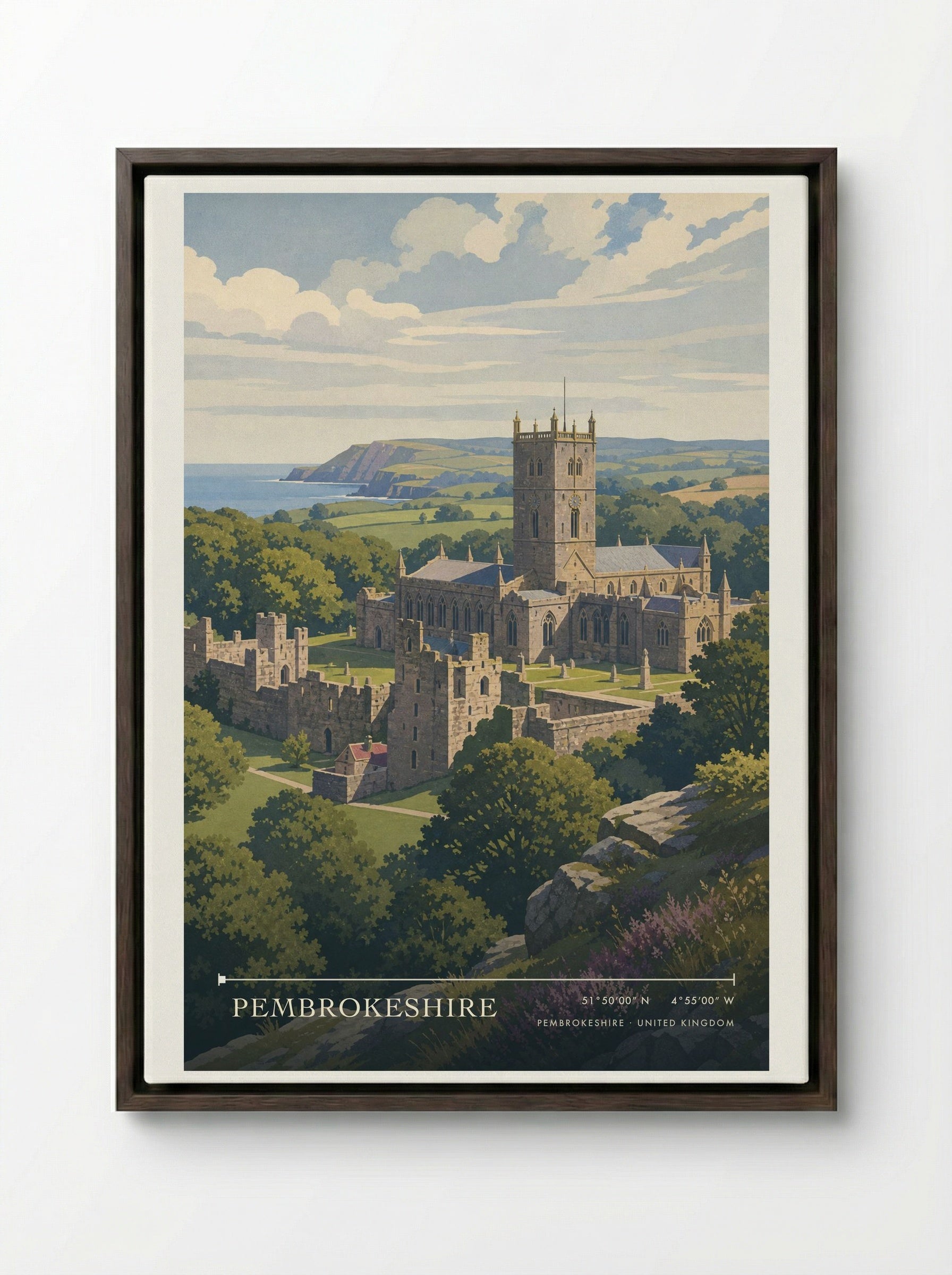Pembrokeshire United Kingdom Travel Poster - Framed Canvas Dark Wood