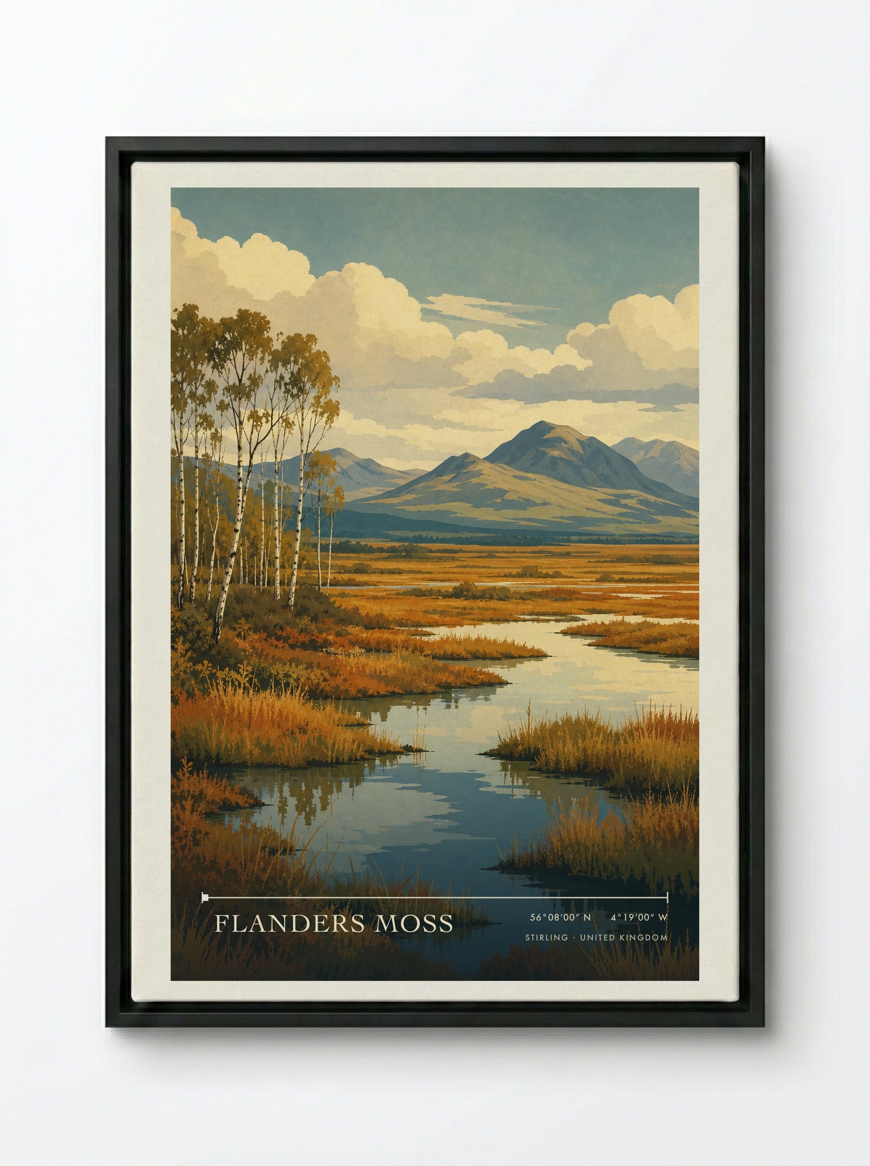 Flanders Moss Stirling United Kingdom Travel Poster - Framed Canvas Black