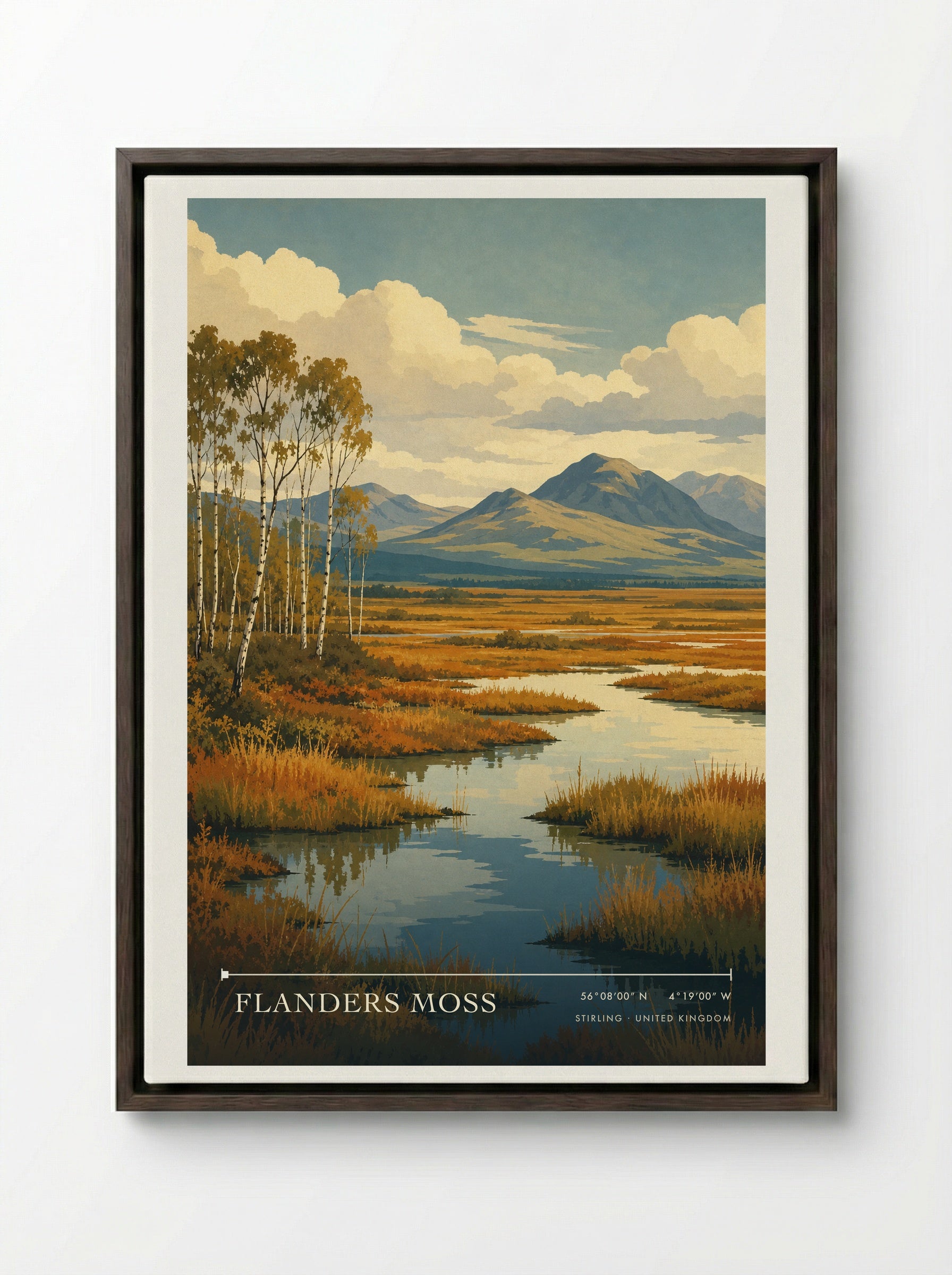 Flanders Moss Stirling United Kingdom Travel Poster - Framed Canvas Dark Wood
