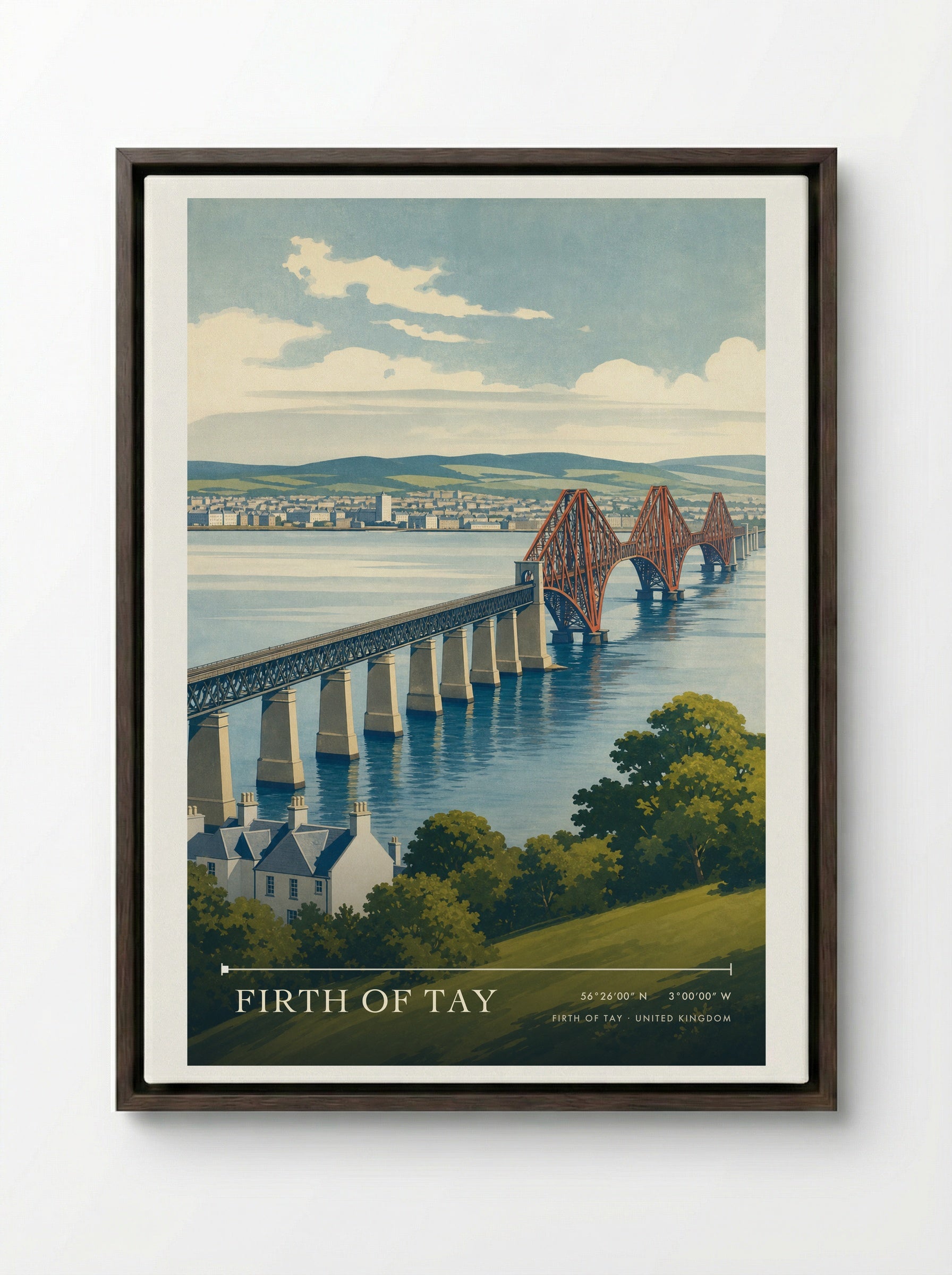 Firth of Tay United Kingdom Travel Poster - Framed Canvas Dark Wood