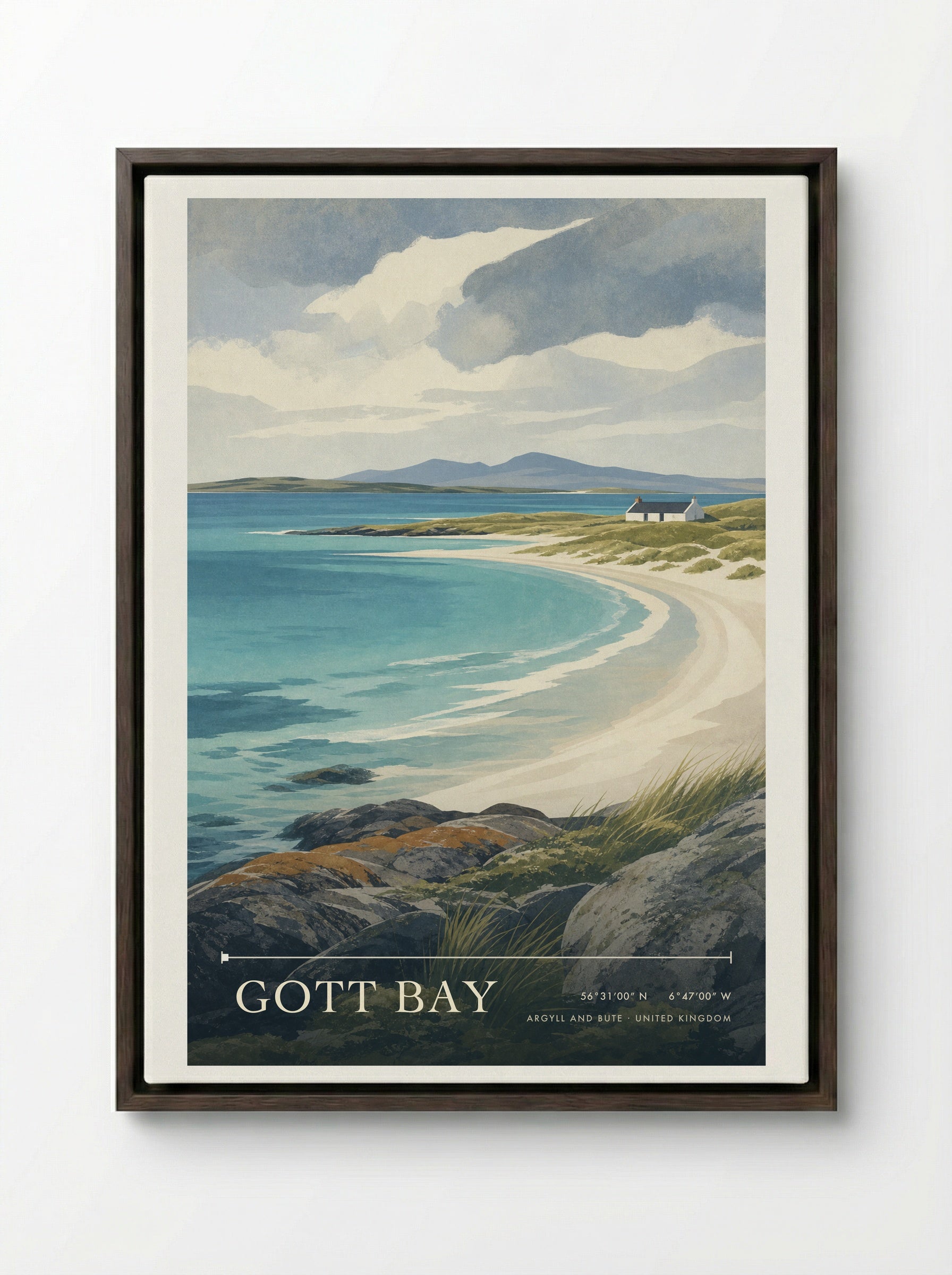 Gott Bay Argyll and Bute United Kingdom Travel Poster - Framed Canvas Dark Wood