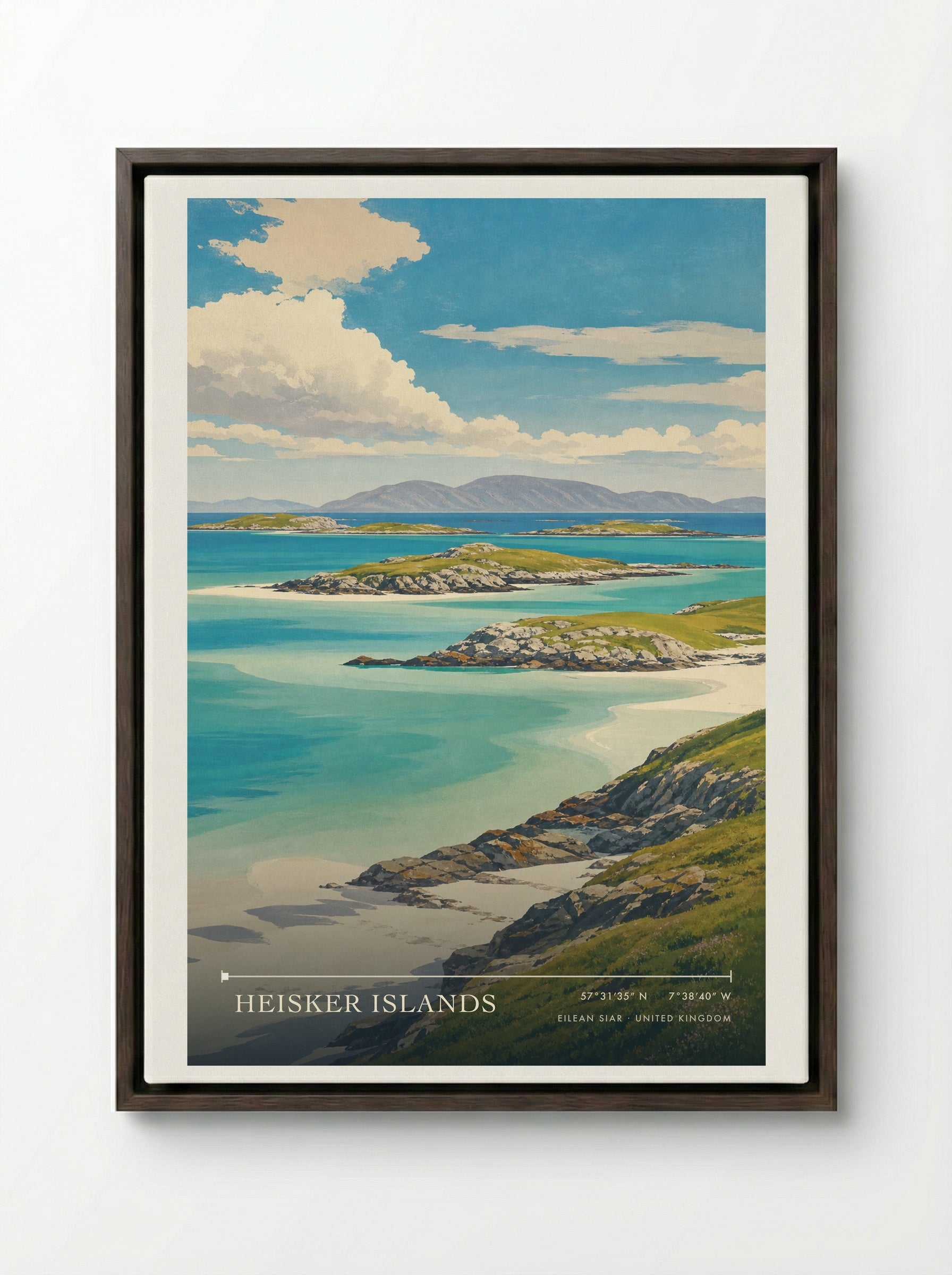 Heisker Islands Eilean Siar United Kingdom Travel Poster - Framed Canvas Dark Wood