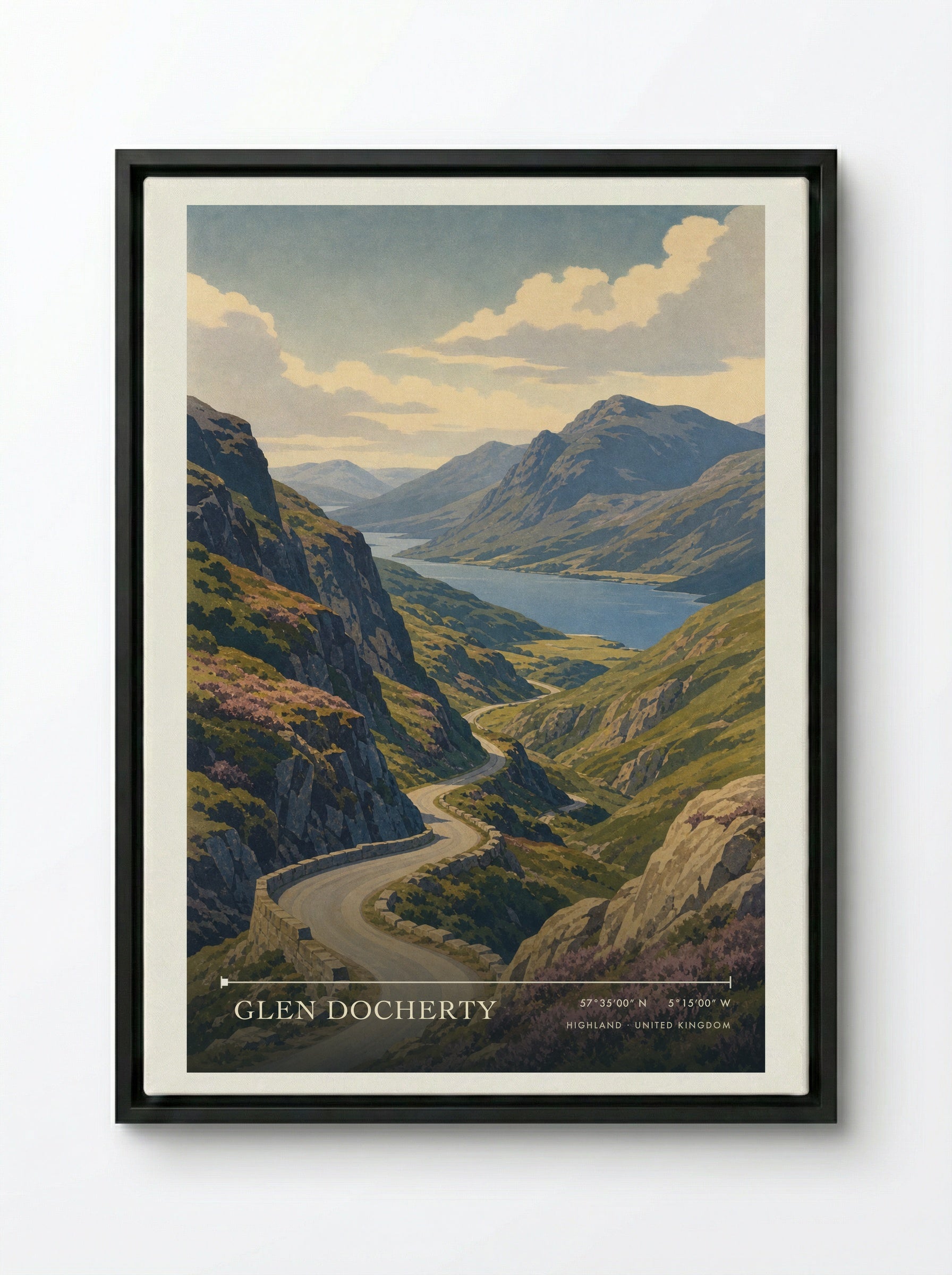 Glen Docherty Highland United Kingdom Travel Poster - Framed Canvas Black