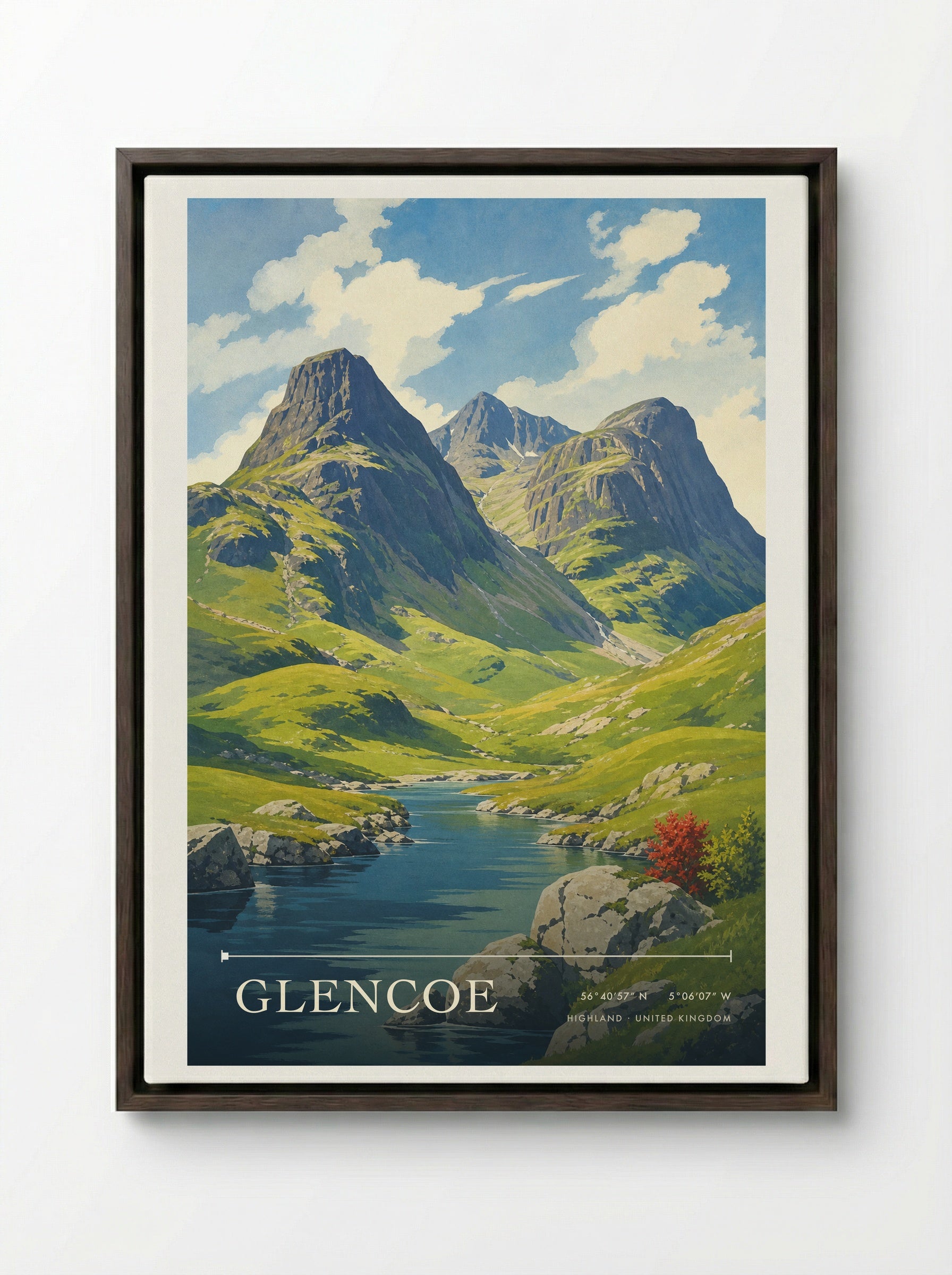 Glencoe Highland United Kingdom Travel Poster - Framed Canvas Dark Wood