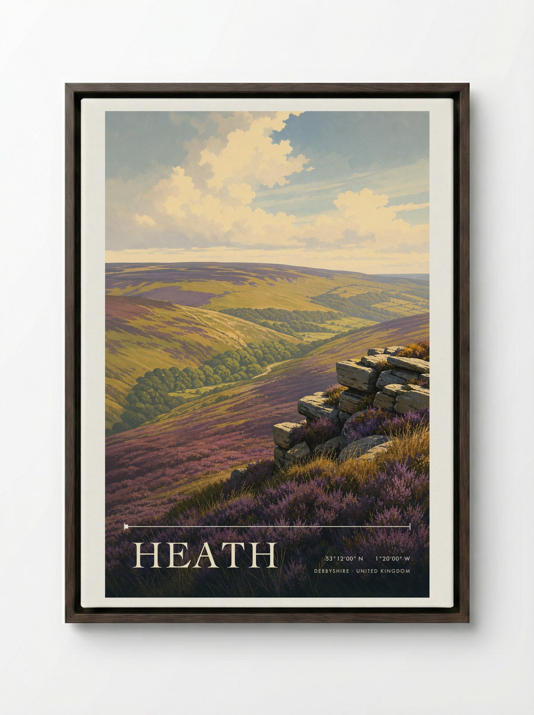 Heath Derbyshire United Kingdom Travel Poster - Framed Canvas Dark Wood