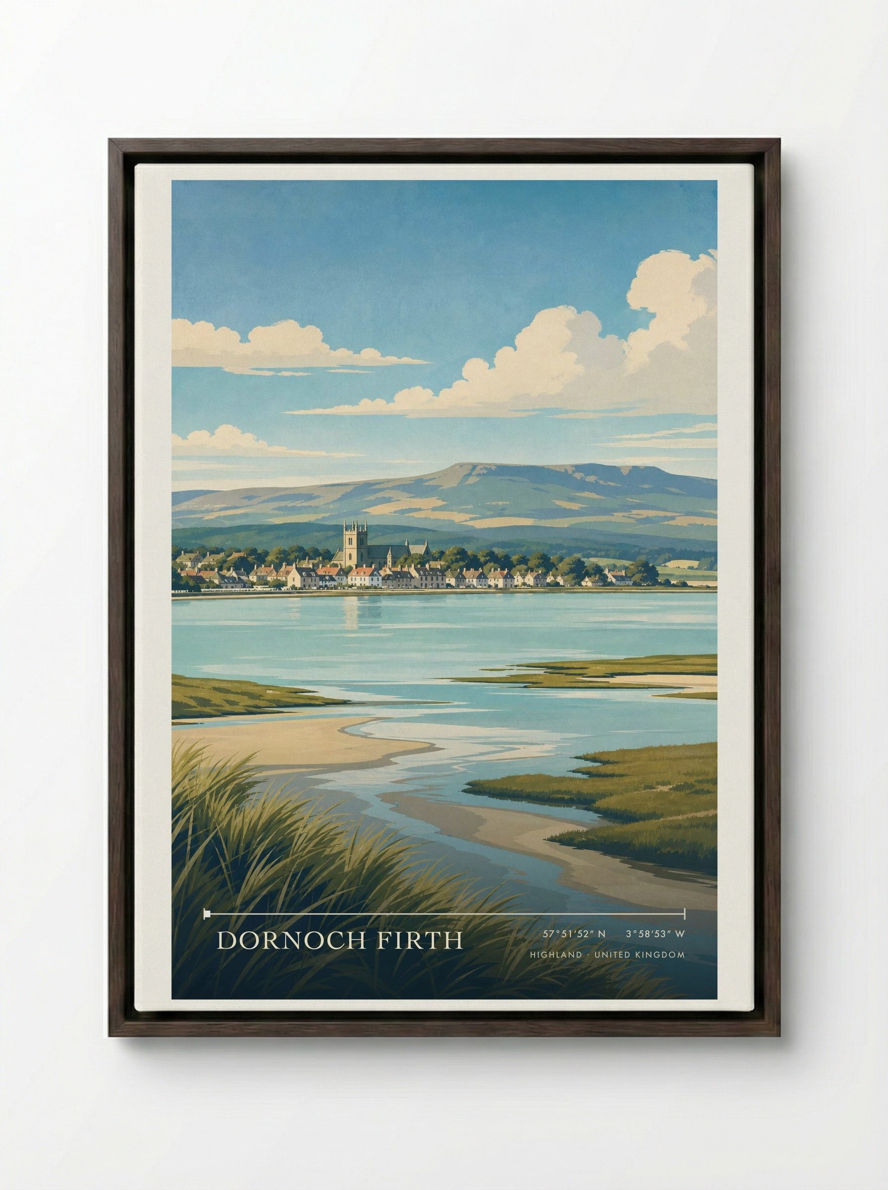 Dornoch Firth Highland United Kingdom Travel Poster - Framed Canvas Dark Wood