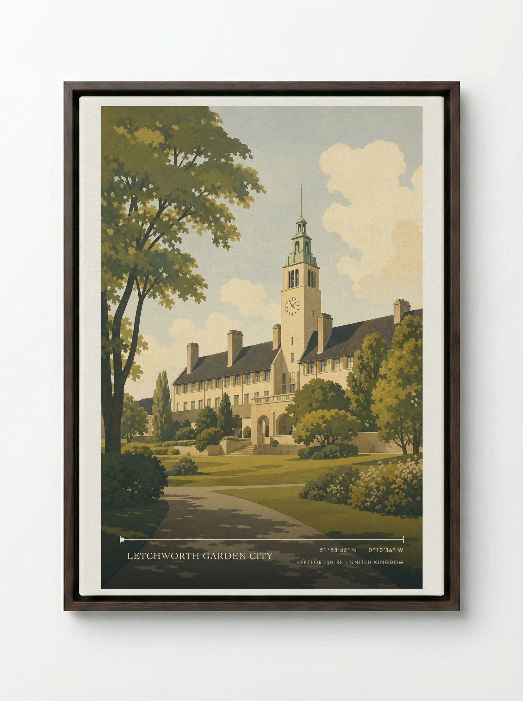 Letchworth Garden City Hertfordshire United Kingdom Travel Poster - Framed Canvas Dark Wood