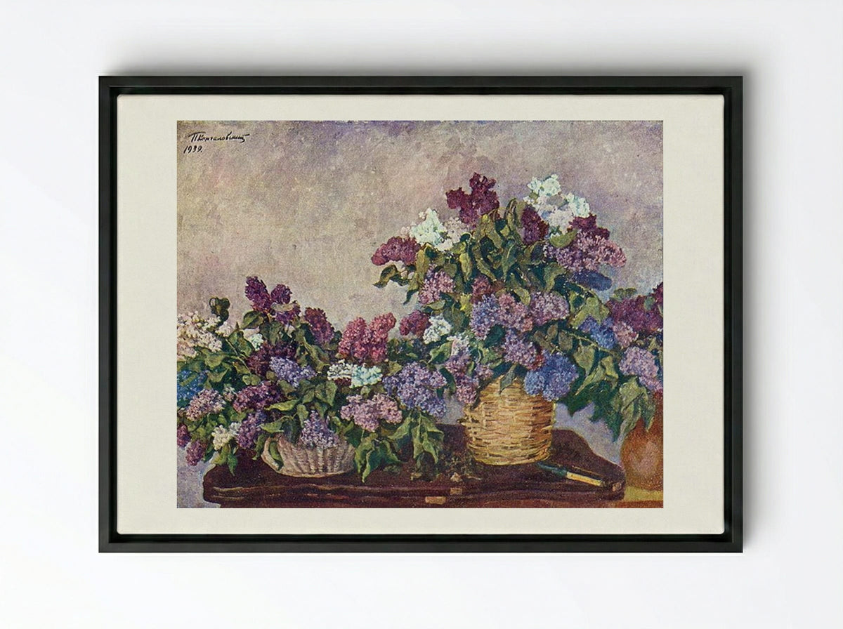 Still Life. Lilacs in two baskets. - Pyotr Konchalovsky - Framed Canvas Black