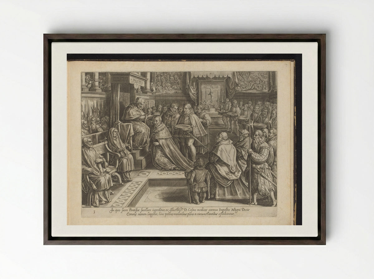 The Coronation of Cosimo I de' Medici - Philips Galle - Framed Canvas Dark Wood