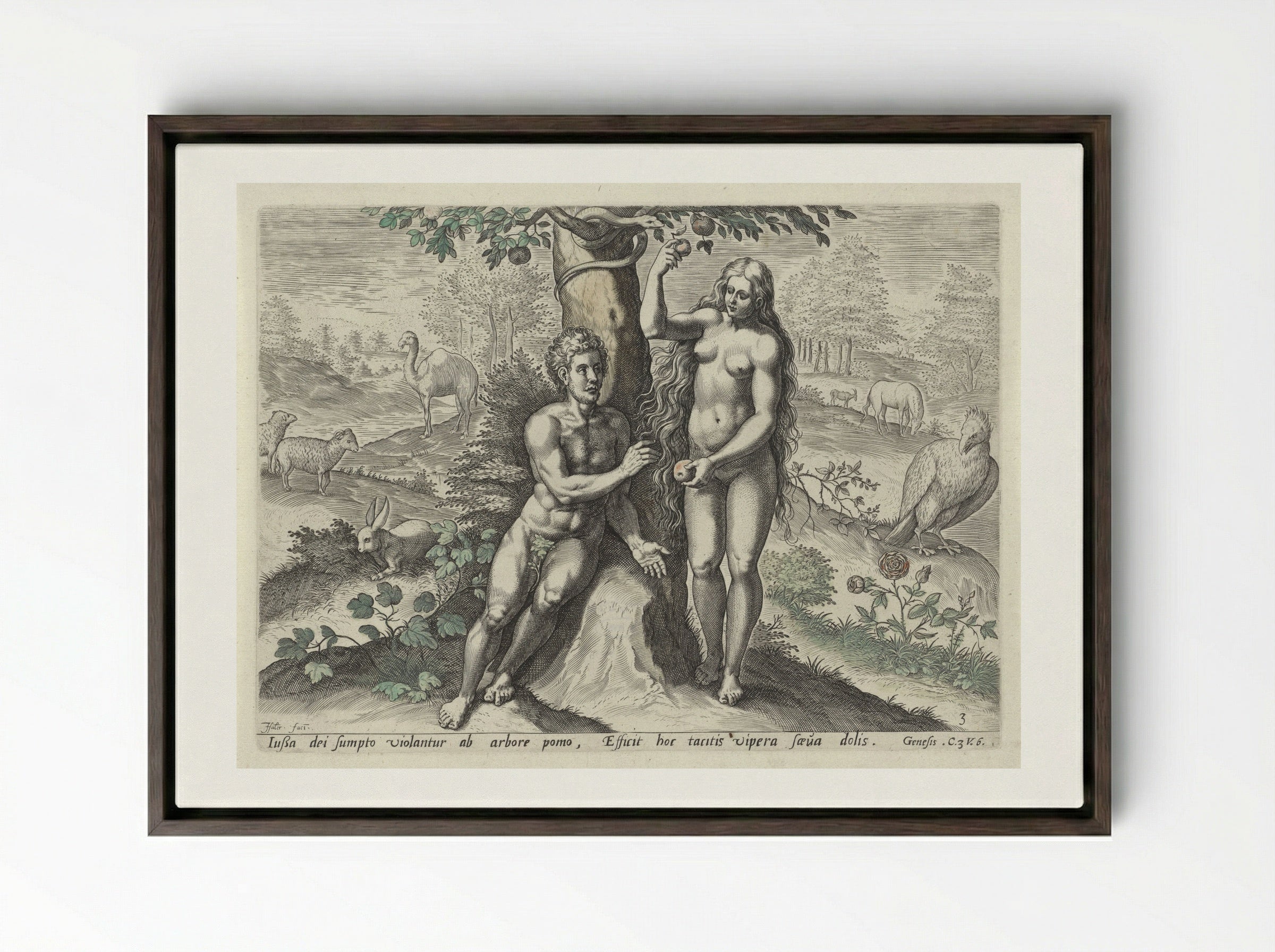 Eva verleidt Adam - Claes Jansz. Visscher (II) - Framed Canvas Dark Wood