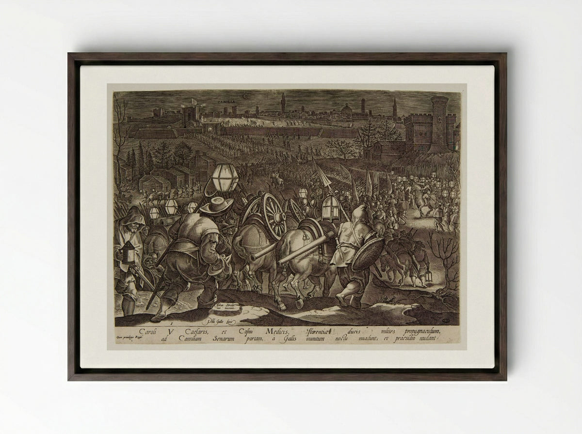 The Battle of Camolia and Siena - Philips Galle - Framed Canvas Dark Wood