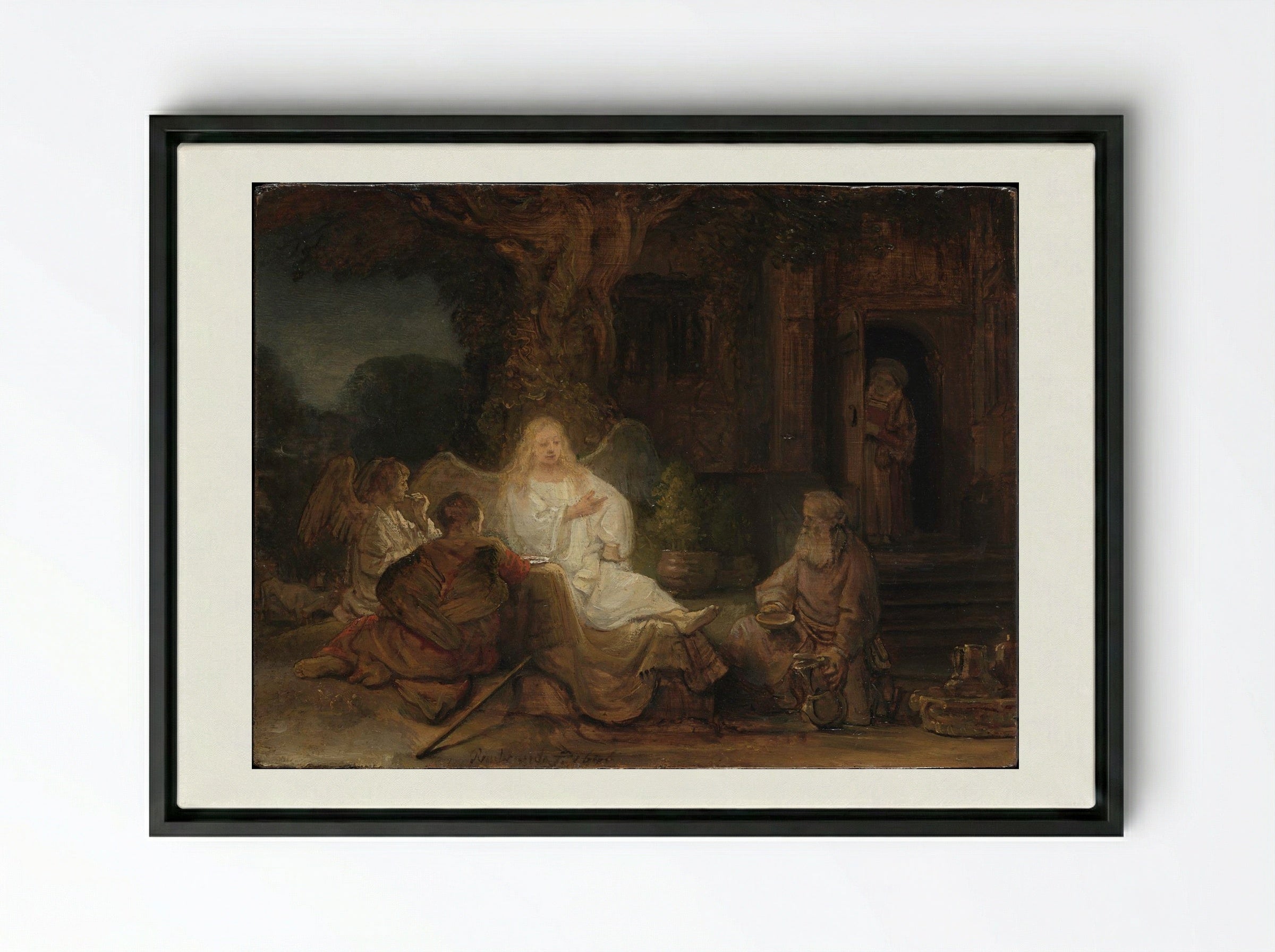 Abraham Receives the Three Angels - Rembrandt van Rijn - Framed Canvas Black