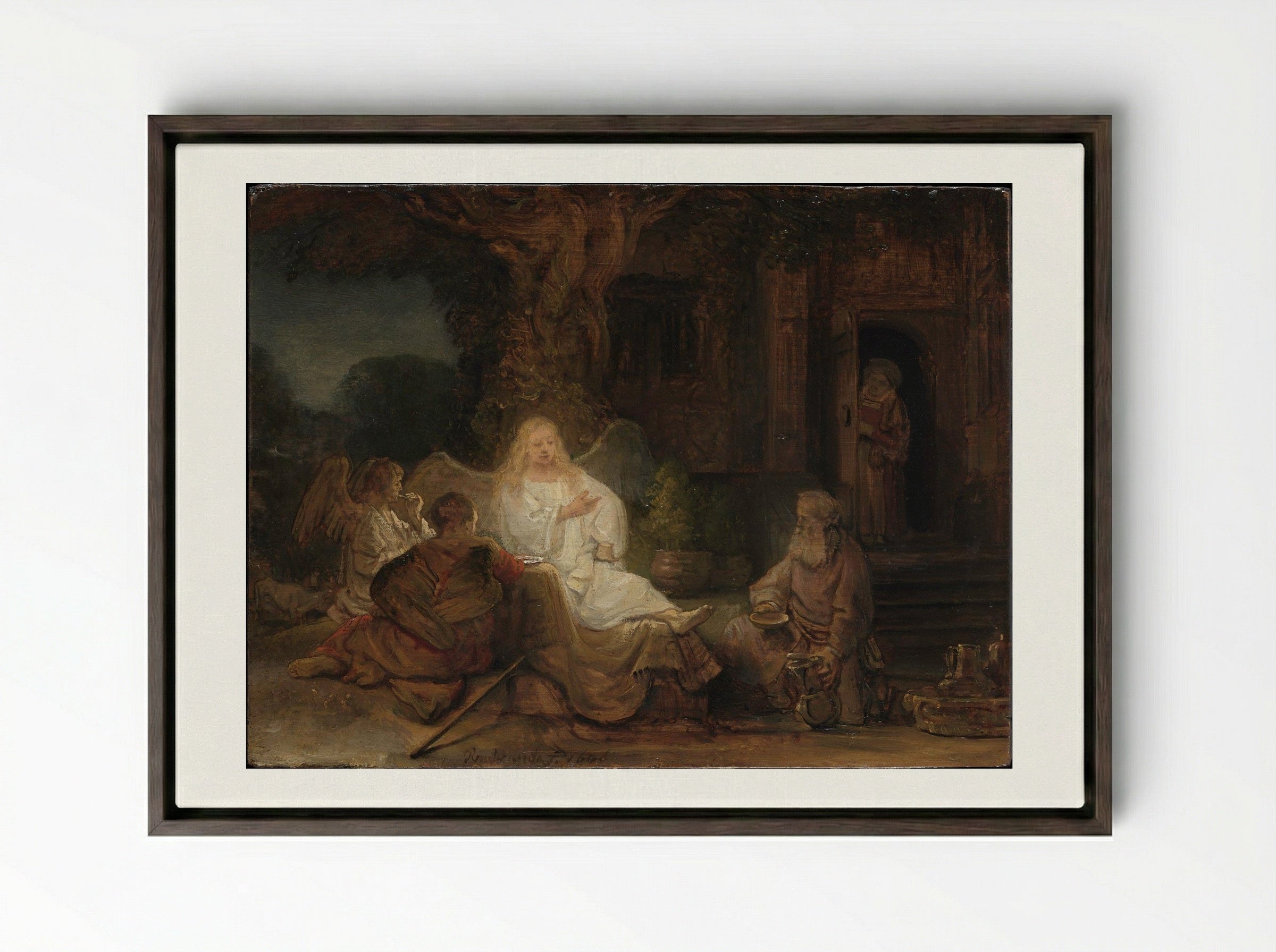 Abraham Receives the Three Angels - Rembrandt van Rijn - Framed Canvas Dark Wood