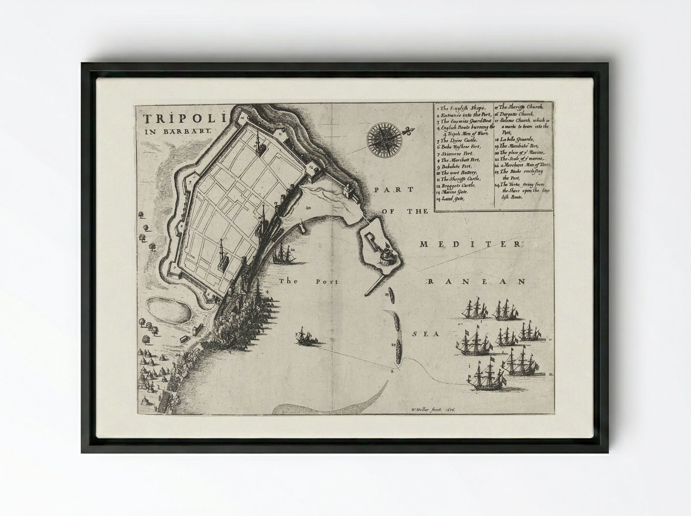 Burning of the Port of Tripoli - Wenceslaus Hollar - Framed Canvas Black