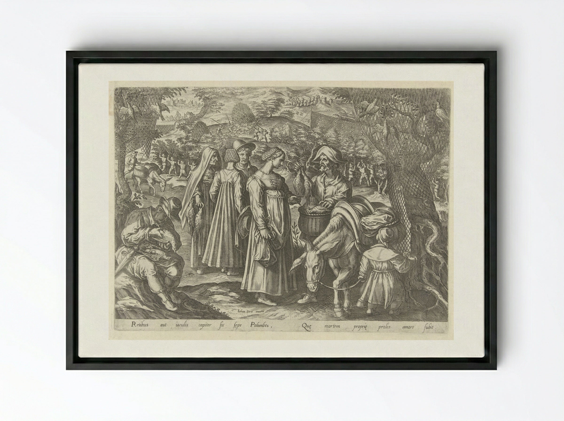 Jacht op duiven (Dove Hunting) - Philips Galle - Framed Canvas Black