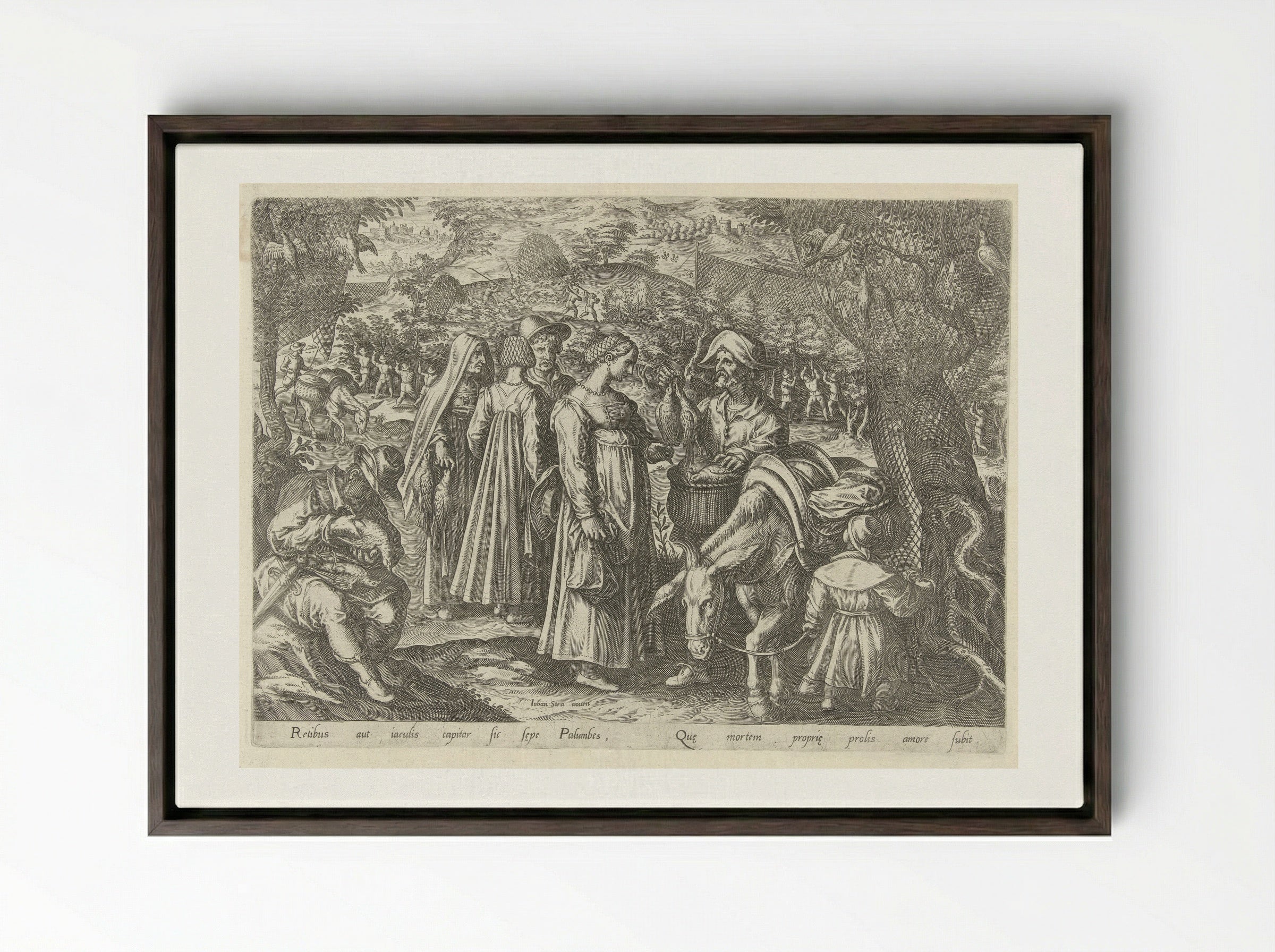 Jacht op duiven (Dove Hunting) - Philips Galle - Framed Canvas Dark Wood