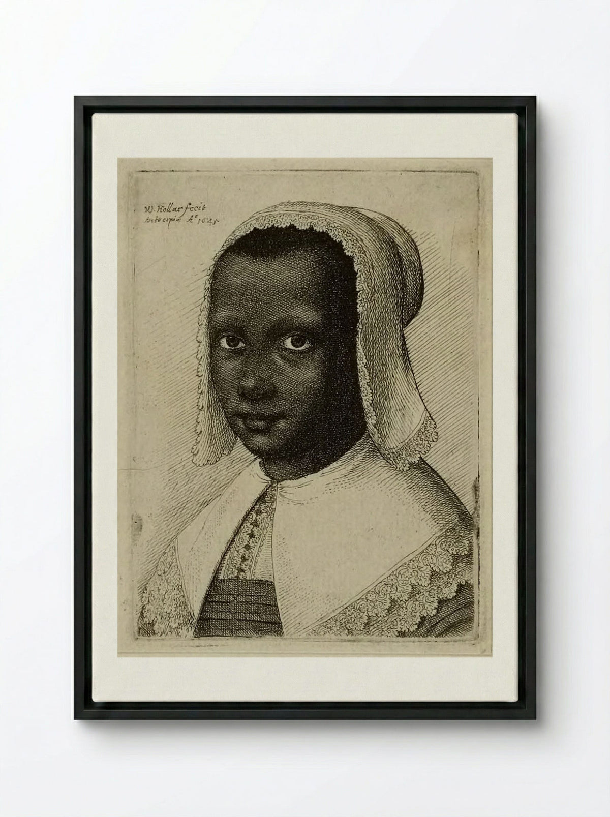 Head of a Black Woman with a Lace Kerchief Hat - Wenceslaus Hollar - Framed Canvas Black