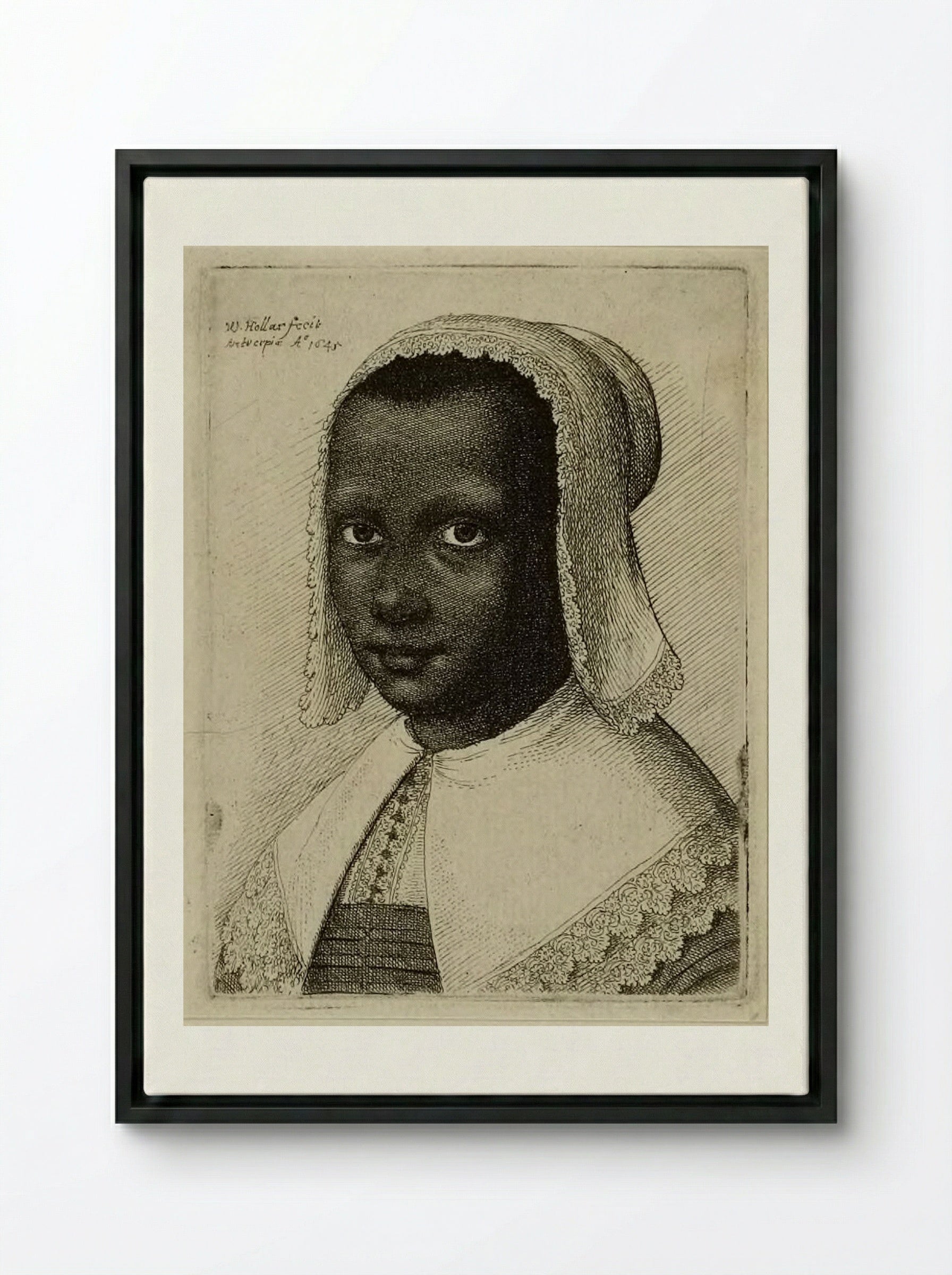 Head of a Black Woman with a Lace Kerchief Hat - Wenceslaus Hollar - Framed Canvas Black