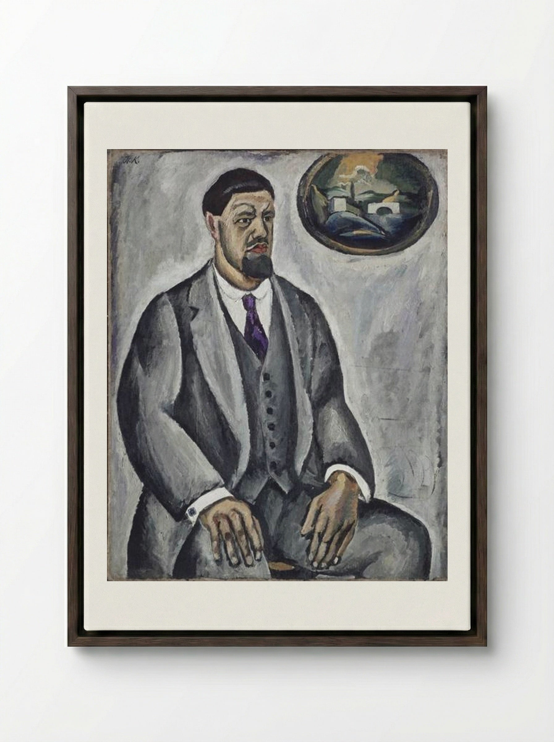 Self-portrait in gray - Pyotr Konchalovsky - Framed Canvas Dark Wood