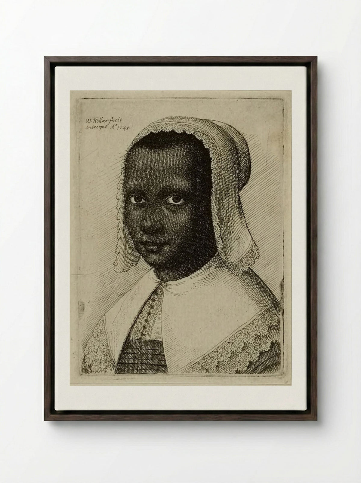 Head of a Black Woman with a Lace Kerchief Hat - Wenceslaus Hollar - Framed Canvas Dark Wood