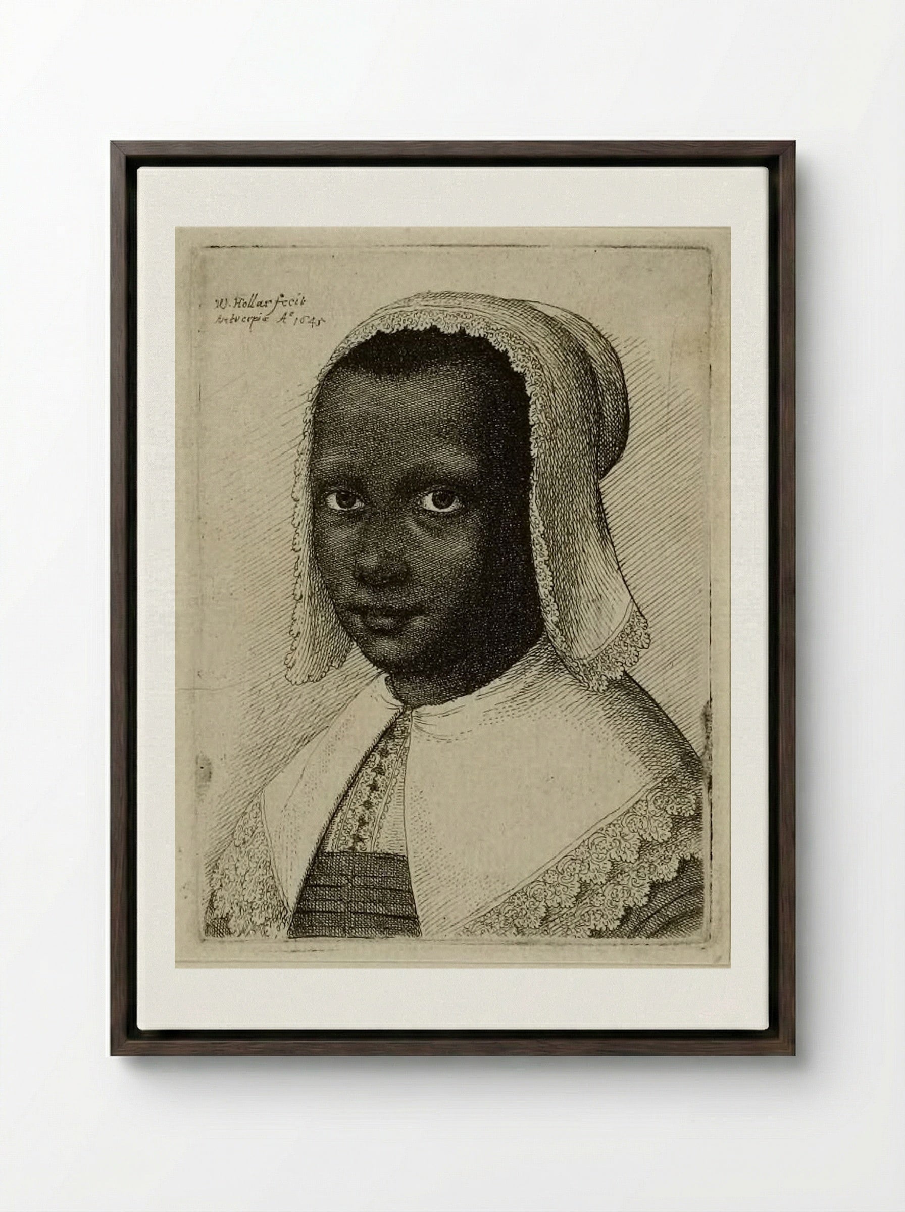 Head of a Black Woman with a Lace Kerchief Hat - Wenceslaus Hollar - Framed Canvas Dark Wood
