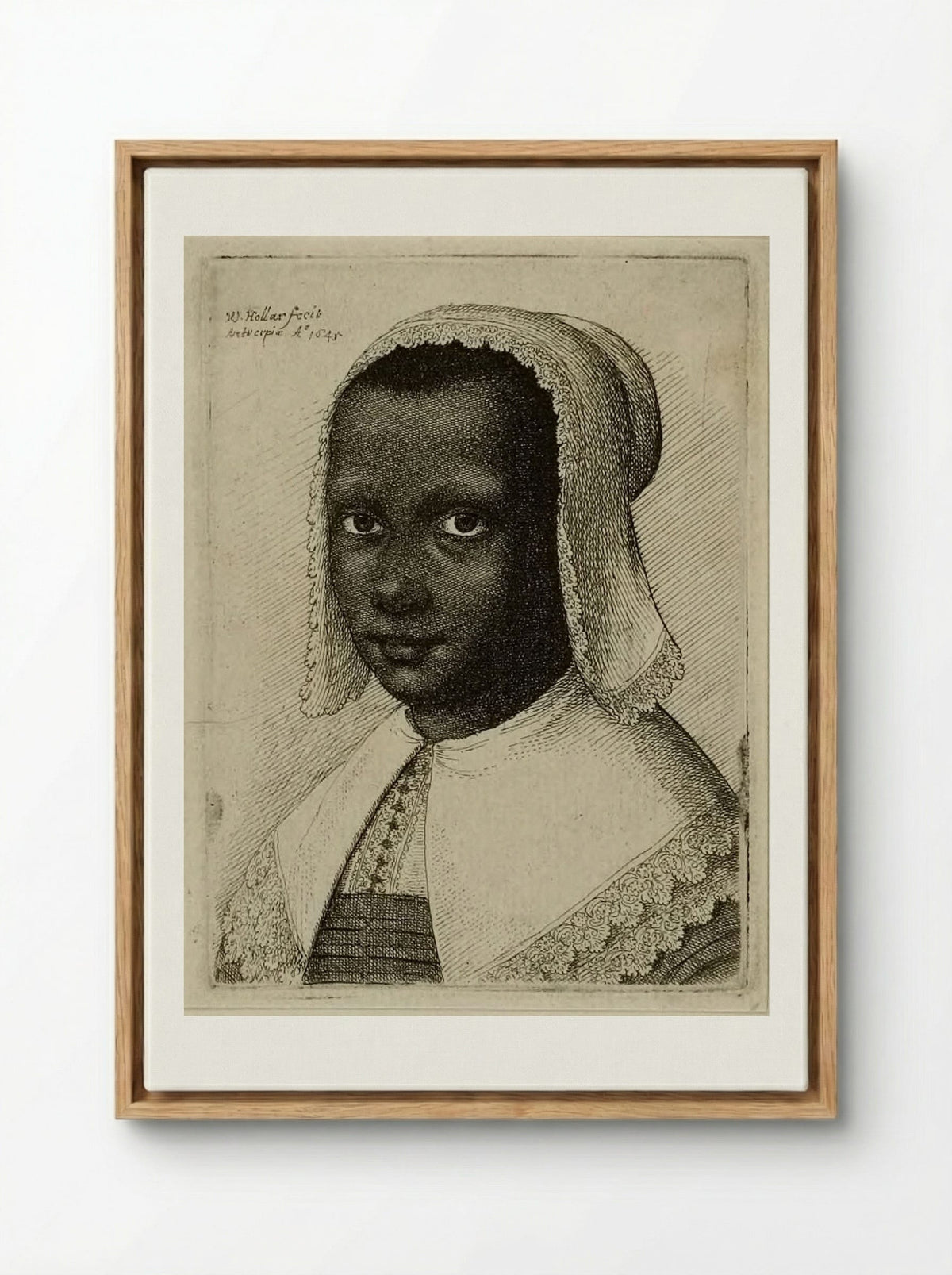 Head of a Black Woman with a Lace Kerchief Hat - Wenceslaus Hollar - Framed Canvas Wood