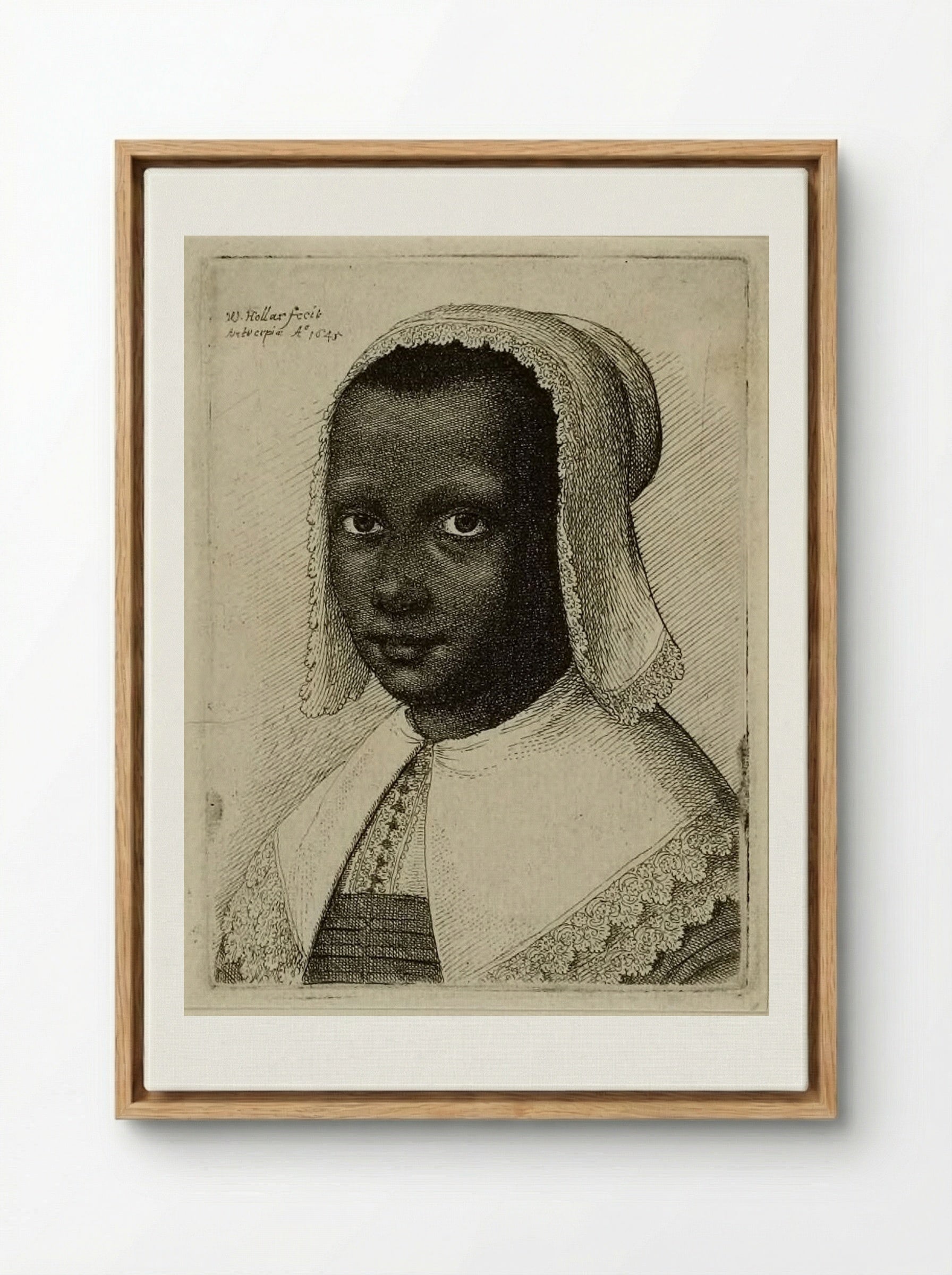 Head of a Black Woman with a Lace Kerchief Hat - Wenceslaus Hollar - Framed Canvas Wood