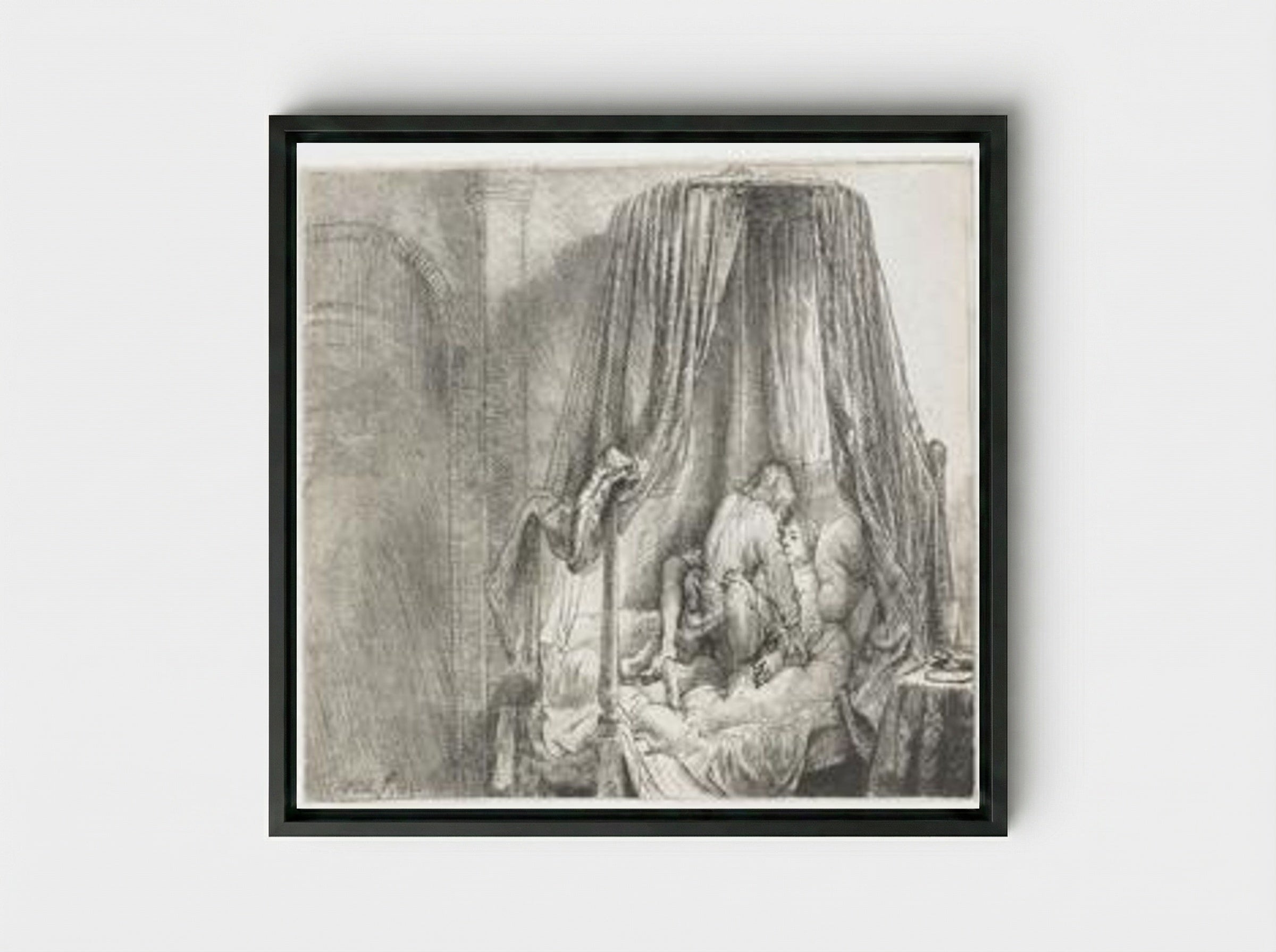 The Bedstead - Rembrandt van Rijn - Framed Canvas Black