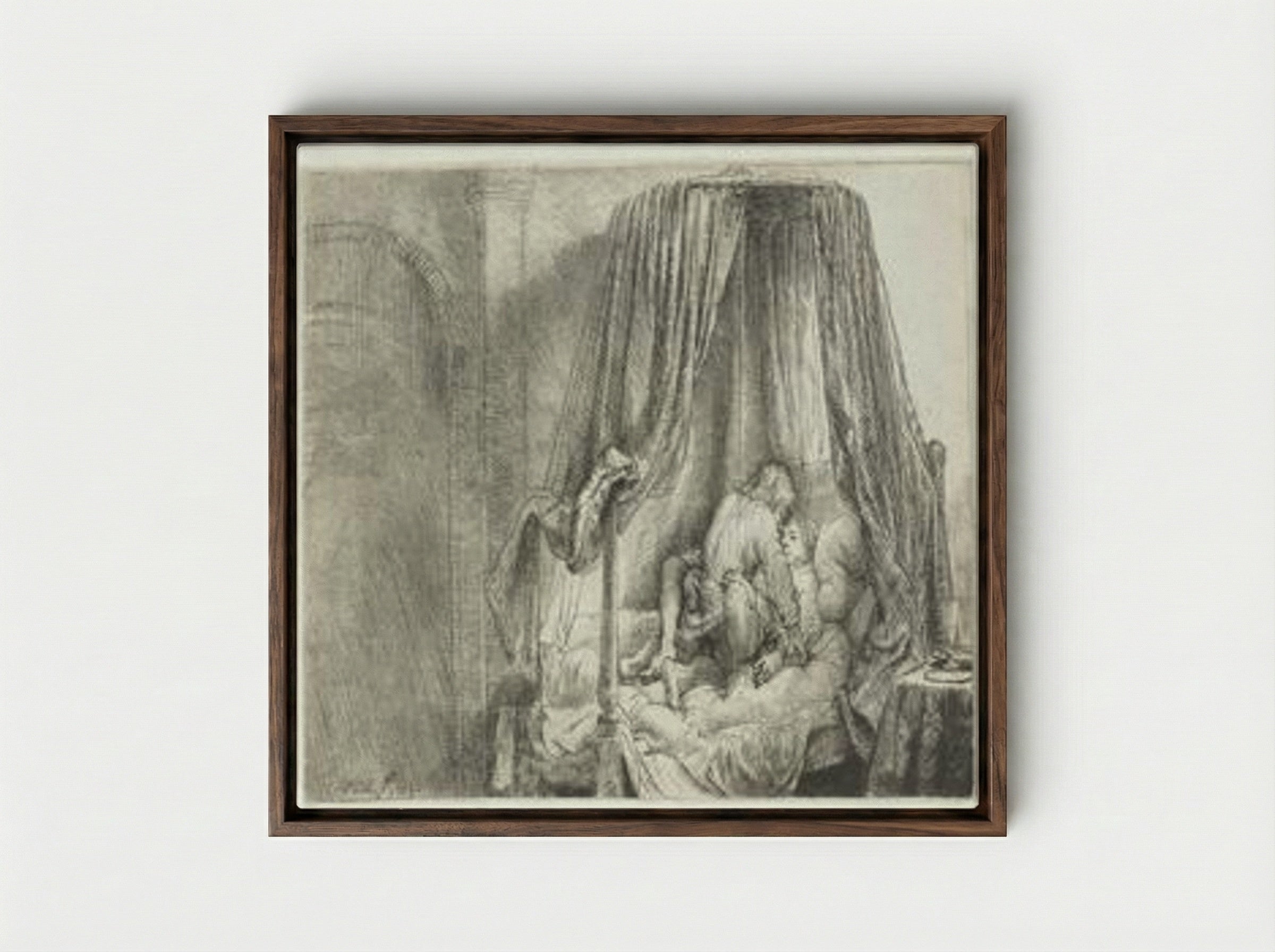 The Bedstead - Rembrandt van Rijn - Framed Canvas Dark Wood