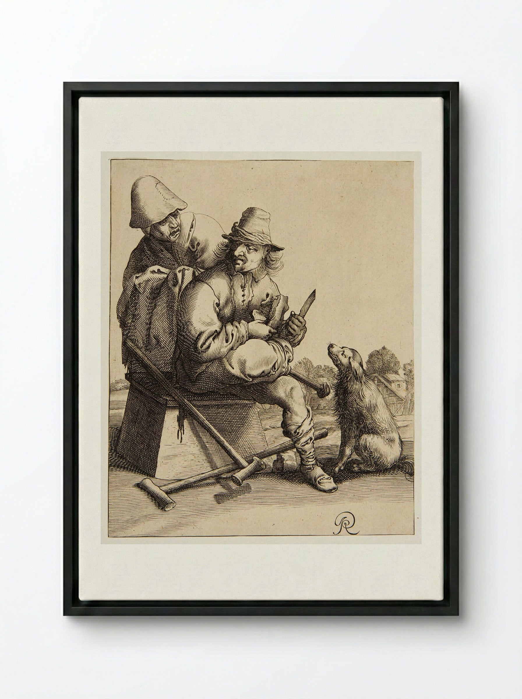 Man, Woman, and Dog - Pieter Jansz. Quast - Framed Canvas Black