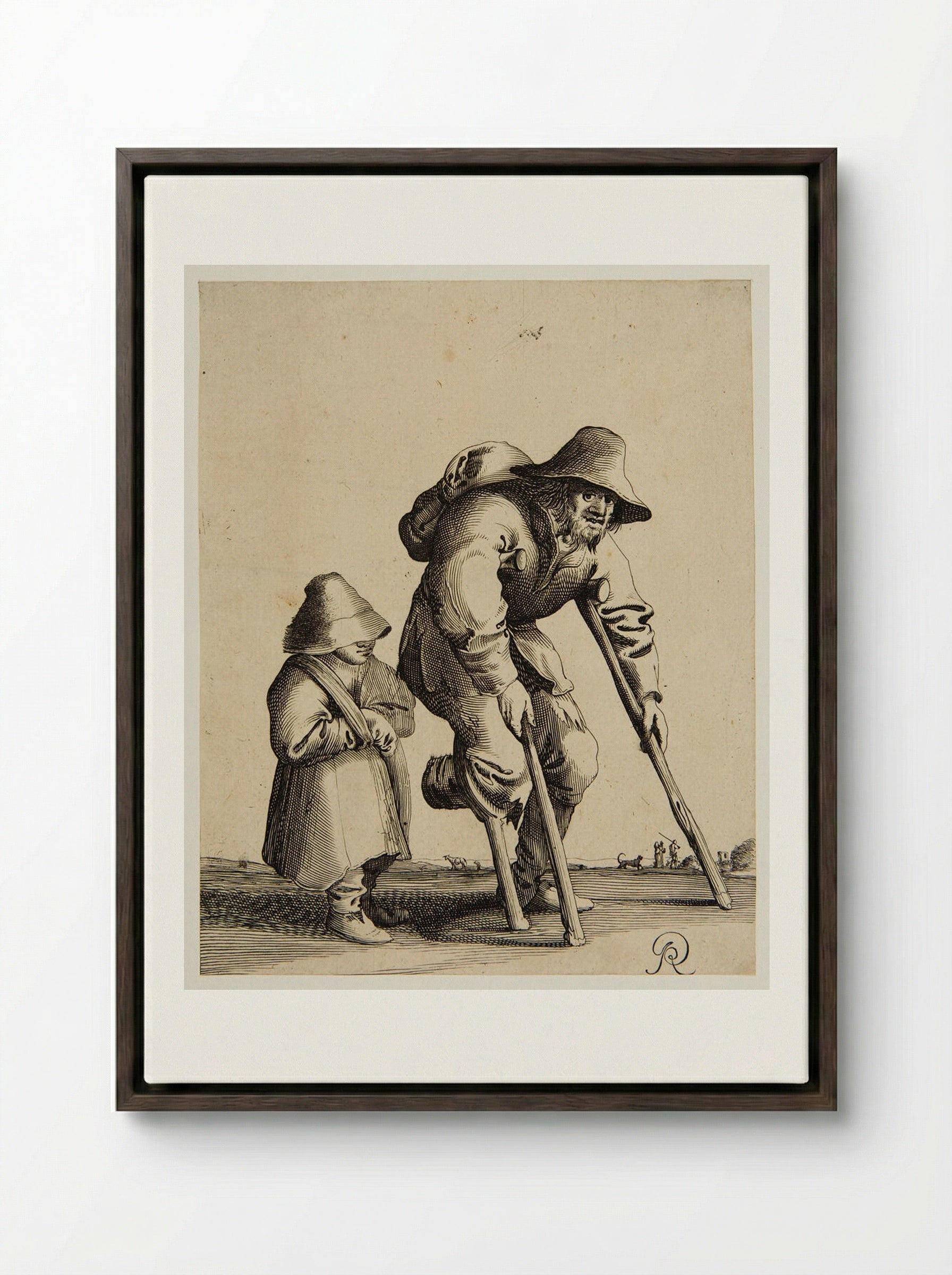 Old Man Walking with Crutches - Pieter Jansz. Quast - Framed Canvas Dark Wood