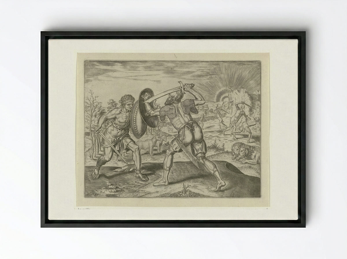 De mens vecht tegen zijn eigen soort - Philips Galle - Framed Canvas Black