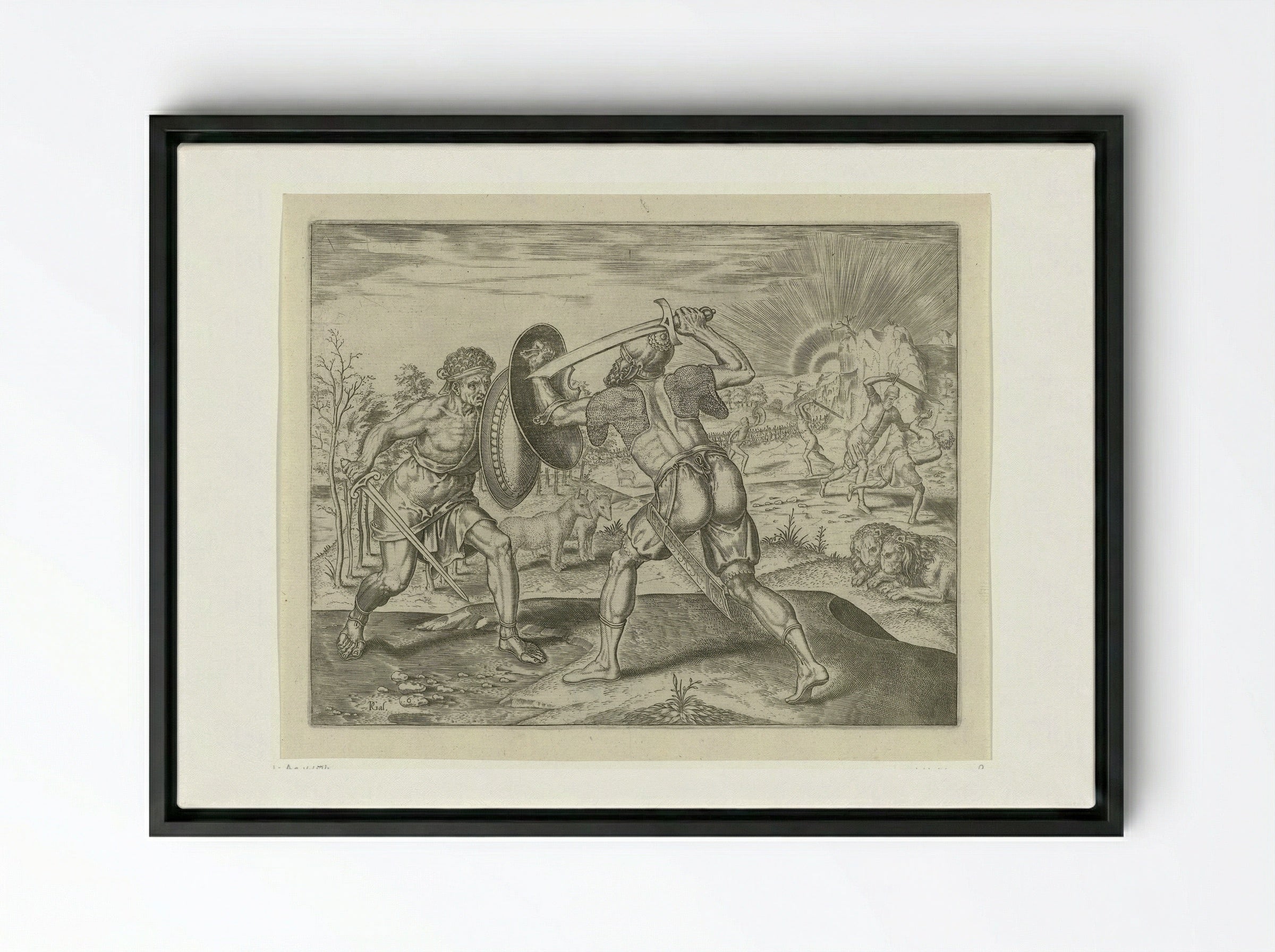 De mens vecht tegen zijn eigen soort - Philips Galle - Framed Canvas Black