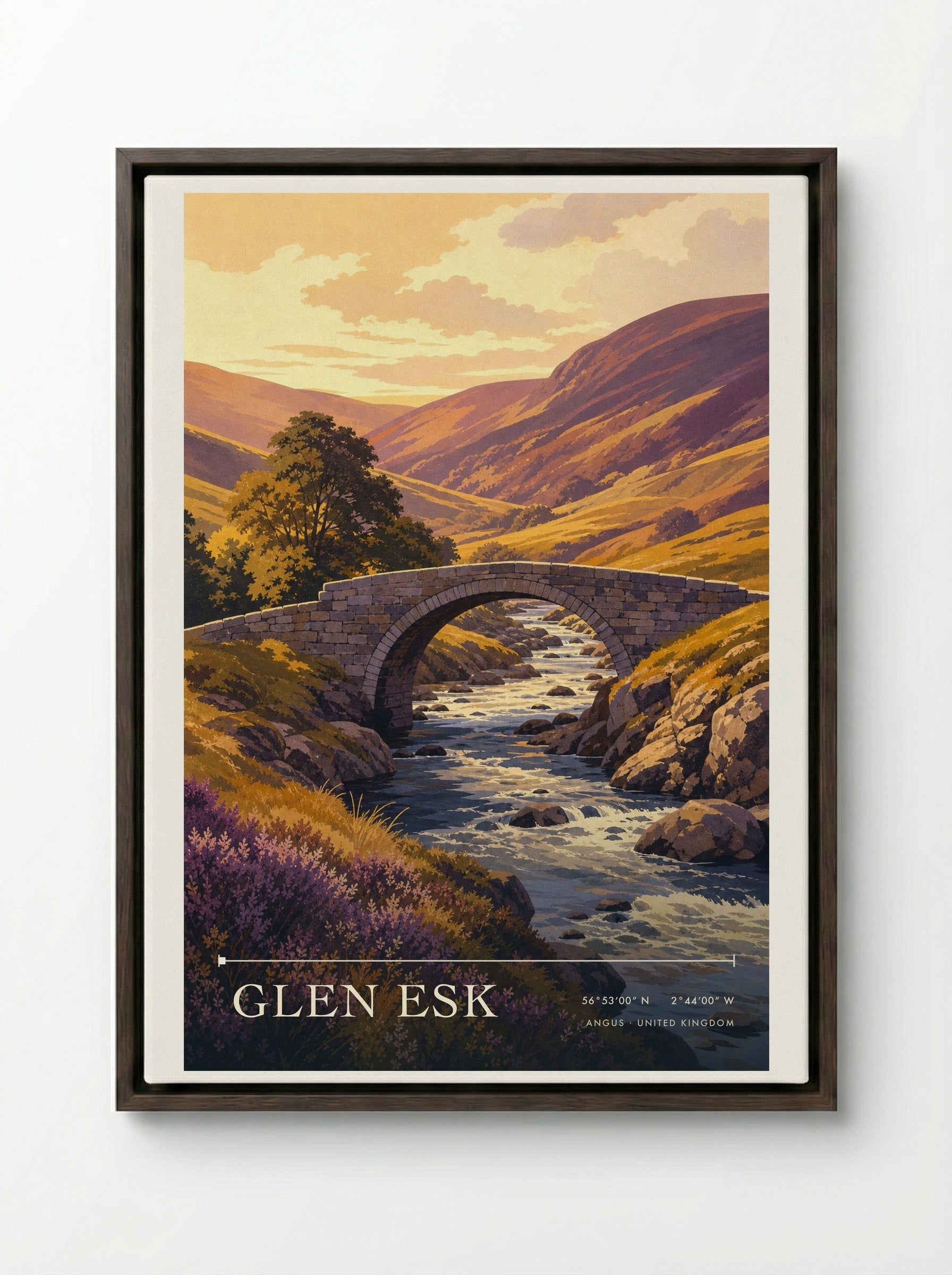 Glen Esk Angus United Kingdom Travel Poster - Framed Canvas Dark Wood
